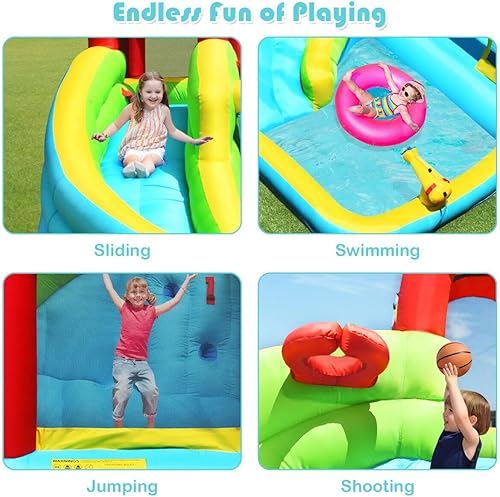 Miniatura 7 de BOUNTECH Tobogán acuático inflable, casa para saltar de agua 6 en 1 para niños, diversión al aire libre con soplador de 750 W, piscina para