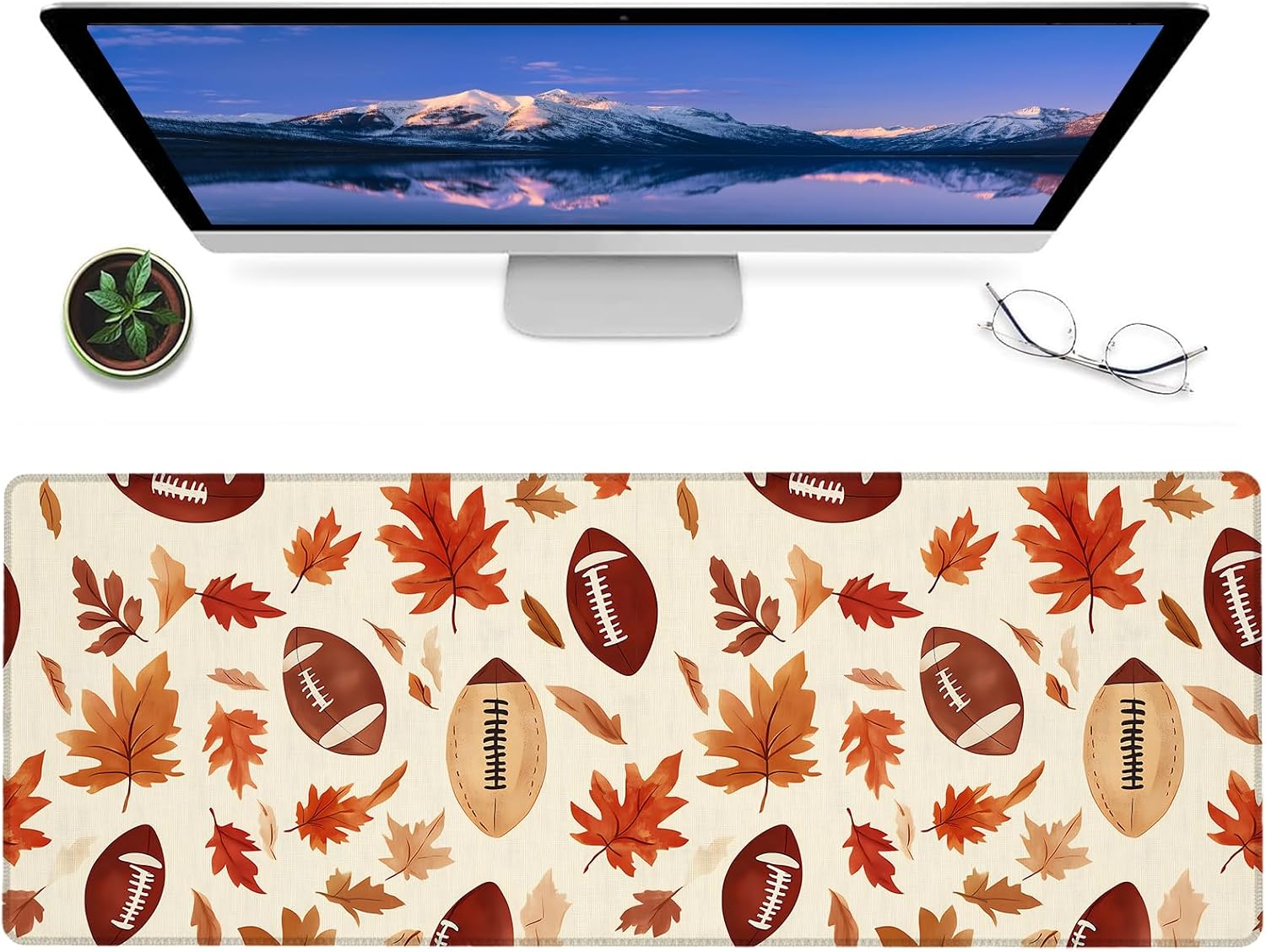 Fall Football and Leaf Gaming Mouse Pad – 12x31.5in Non-Slip Rubber Desk Mat with Autumn Sports Design – Large Extended Mousepad for Office Home – Deskmat Gifts for Sport Fans Decor