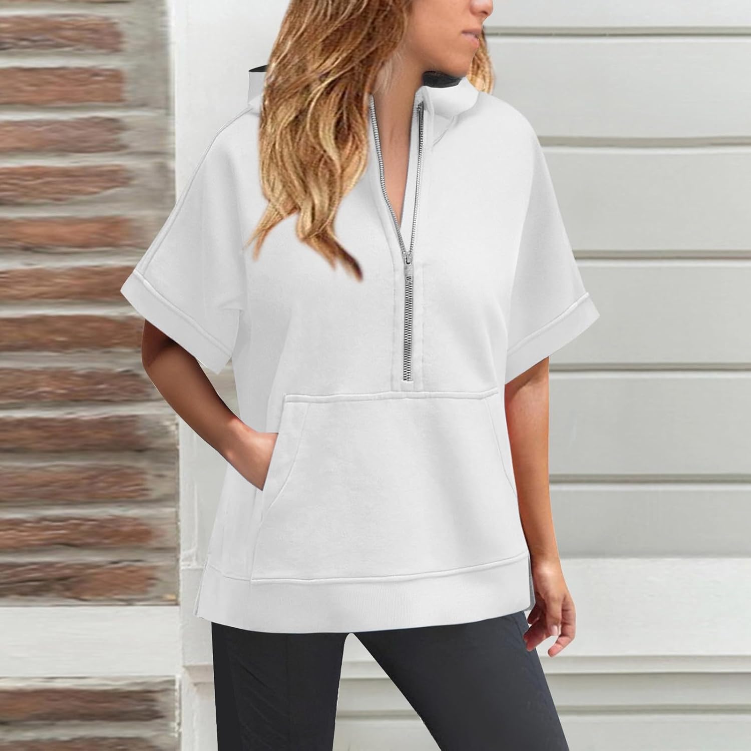 Short Sleeve Hoodies for Women Oversized Half Zip Hoodies Casual Loose Solid Sweatshirts Pullover Tops with Pockets - Image 3