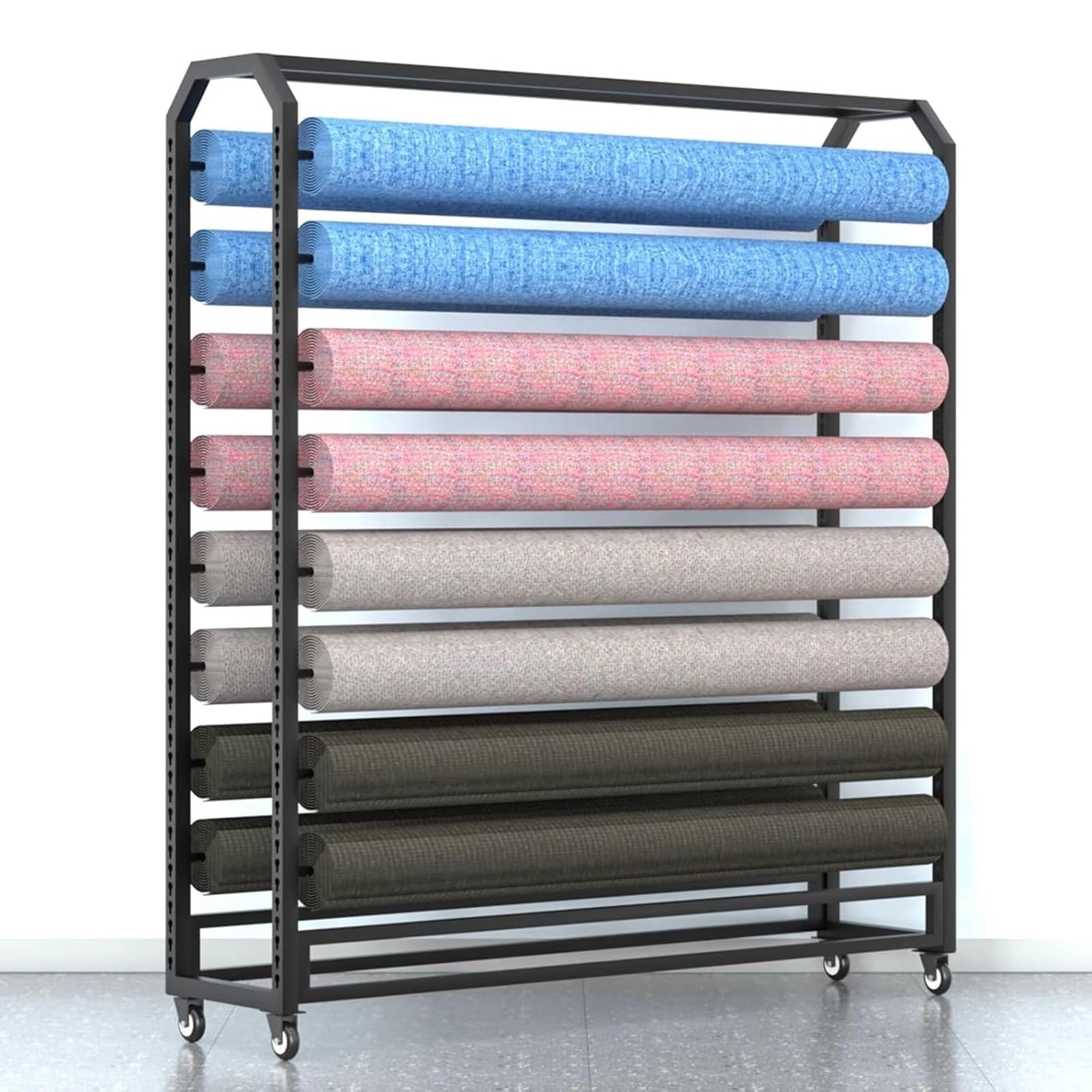 Heavy Duty Fabric Roll Rack z kółkami, regulowany metalowy uchwyt na szpulę do skórzanych rolek z owinięcia winylowego, ruchomy komercyjny organizer do wyświetlania garażu w sklepie