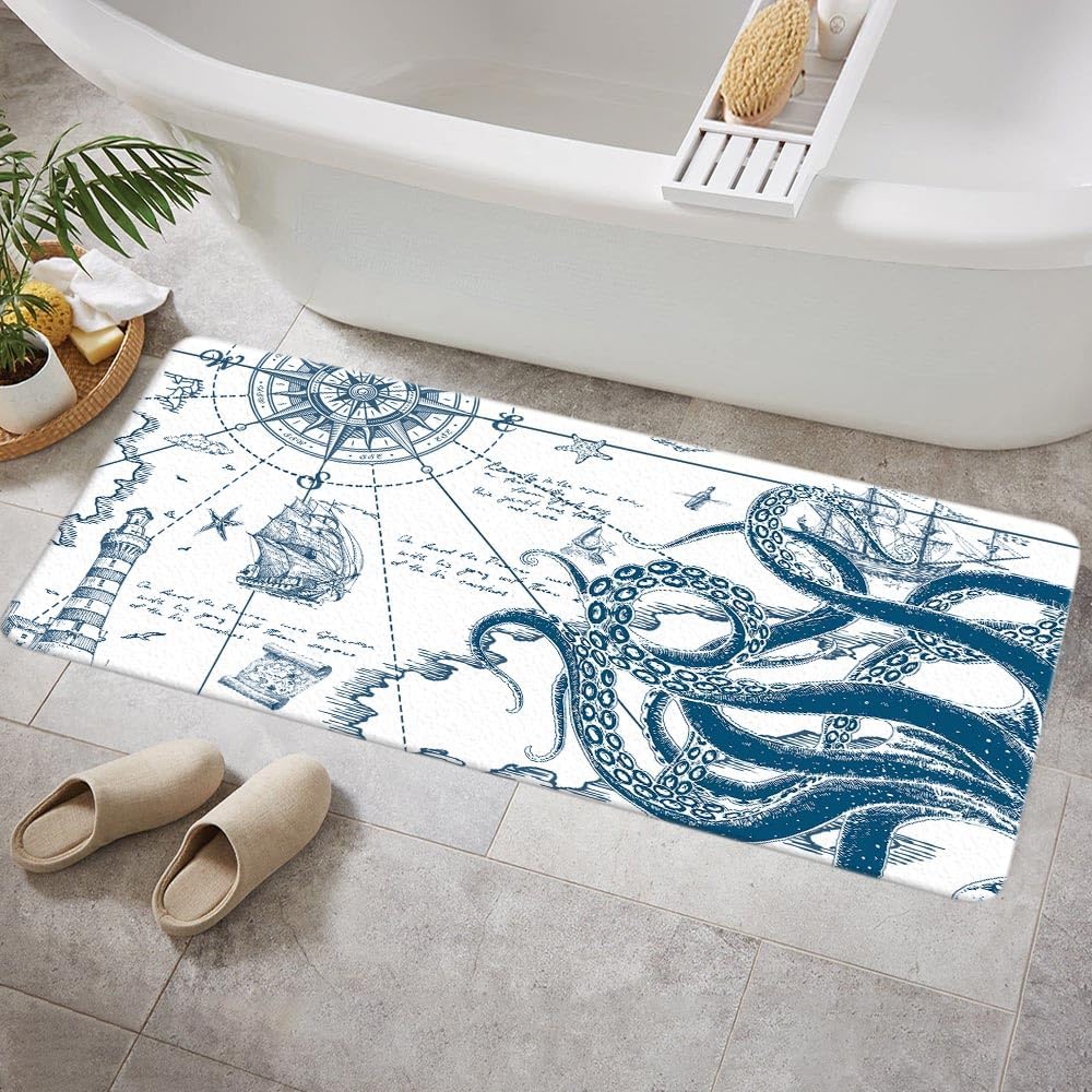Funny Nautical Octopus Bath Mat for Bathroom, Cool Coastal Ocean Beach Floor Rugs Mats Non Slip Navy Blue White Mens Boys Kids Bathroom Decor Accessories 16X48 Inches Kitchen Bedroom Indoor