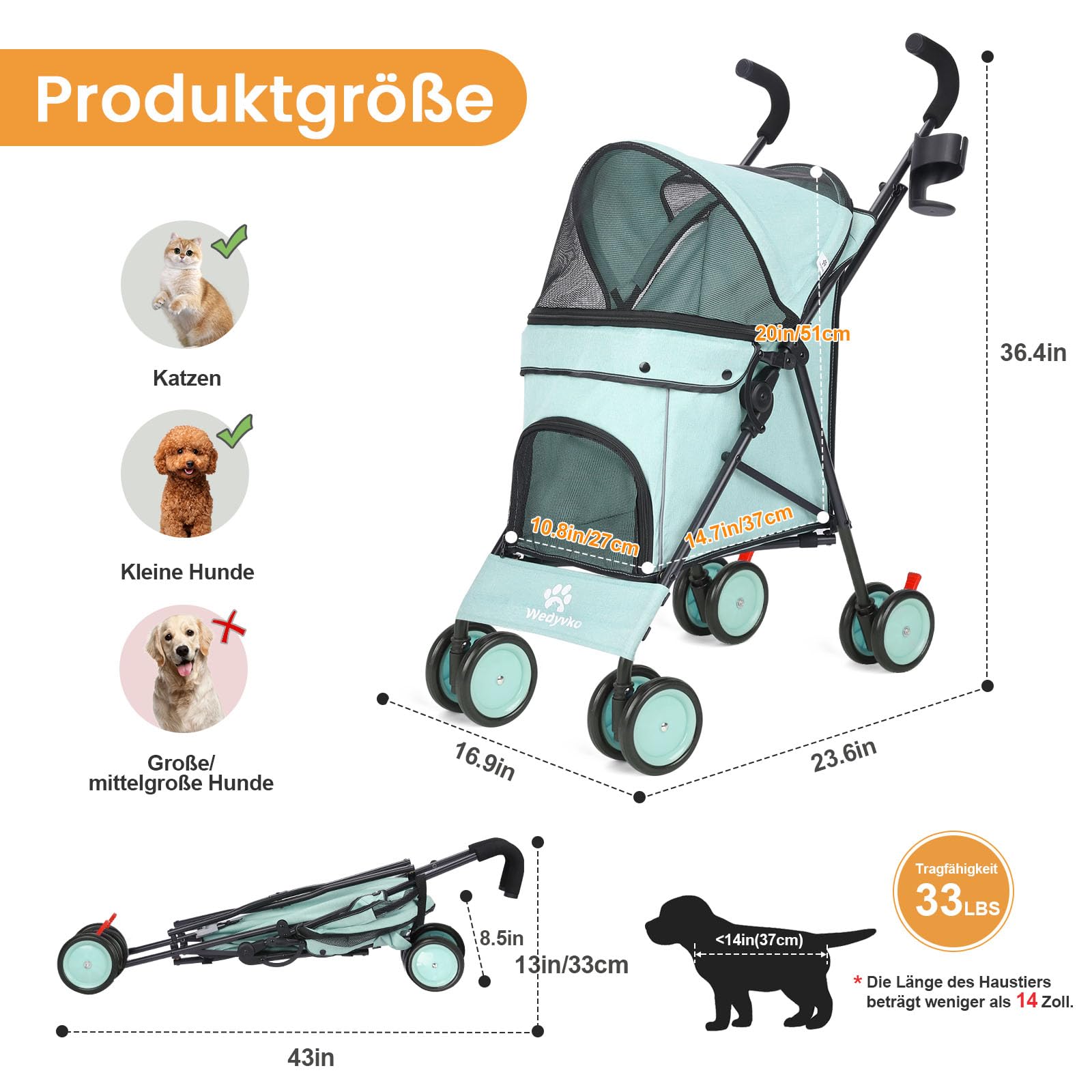 Parapluie Poussette pour petits chiens de 10 à 9 kg, poussette pliable légère 4,1 kg, avec double bandoulière à 4 roues, panier de rangement, porte-gobelet, vert foncé (bleu sarcelle)