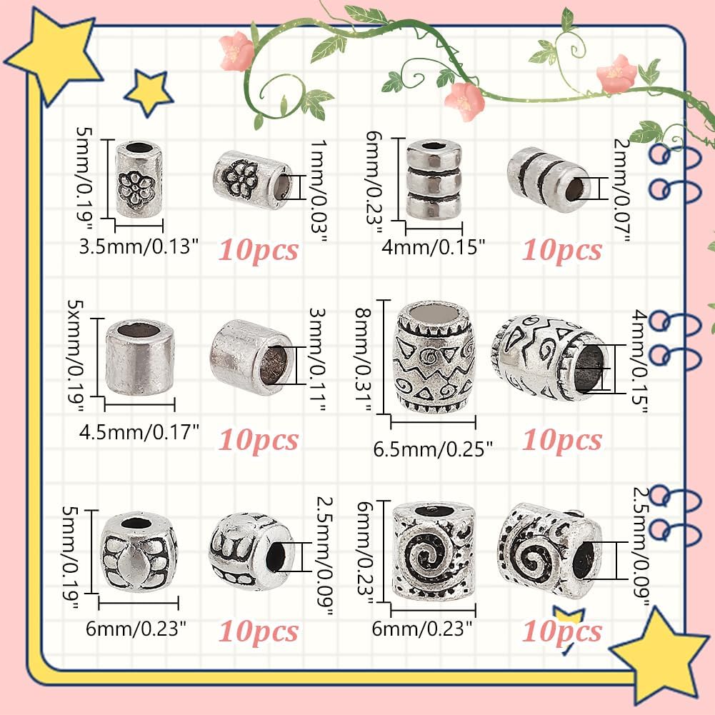 60Pcs Antique Silver Tube Beads Tibetan Column Spacer Beads Bulk 1-4mm Large Hole Bracelet Bead Metal Tube Spacer Bead 6 Styles for DIY Bracelet Necklace Jewelry Making - Image 2