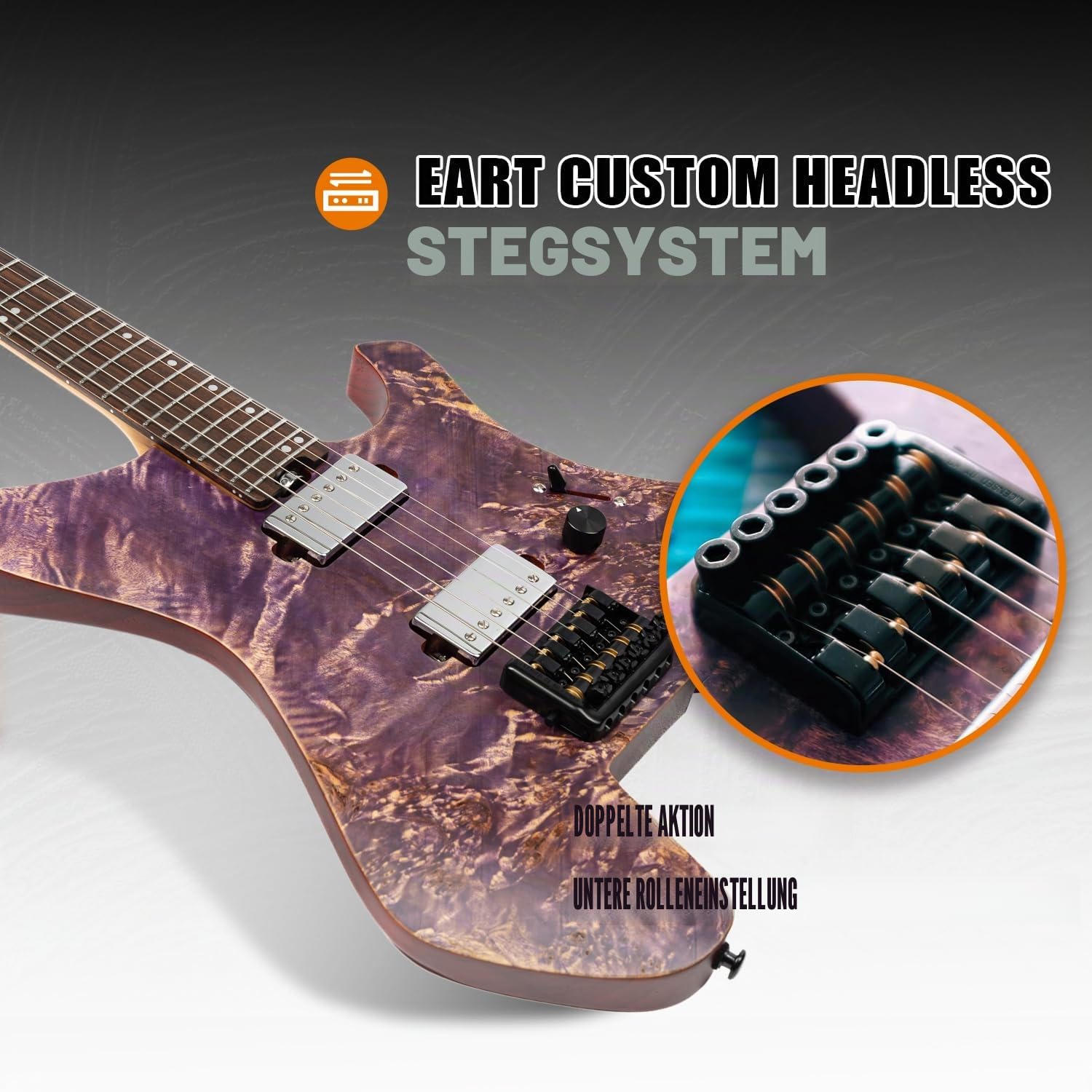 EART Kopflose Gitarre Fixed Bridge 6 String Elektrogitarre für Einsteiger, Edelstahlbünde H-H Abholungen Rechtshänder Solid Body Gitarre Purple