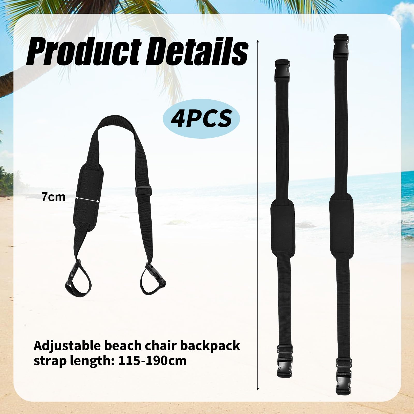 4pcs Carry Straps for Beach Chair, 45.28-74.8in Length PP Webbing Material Folding Beach Chair Adjustable Shoulder Straps Practical Accessories for Camping Picnic Outdoor Foldable Bikes(Black)