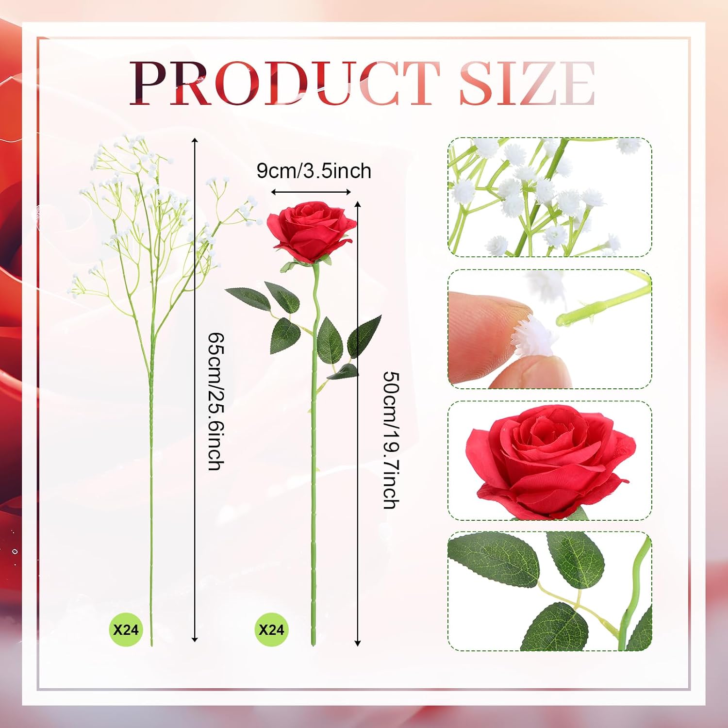 Janinka 48 Branches Artificial Red Roses with Fake Baby Breath Realistic Fake Flowers Bouquet with Long Stem for DIY Wedding Party Home Decoration Vase Tables Centerpieces Arrangements Gift