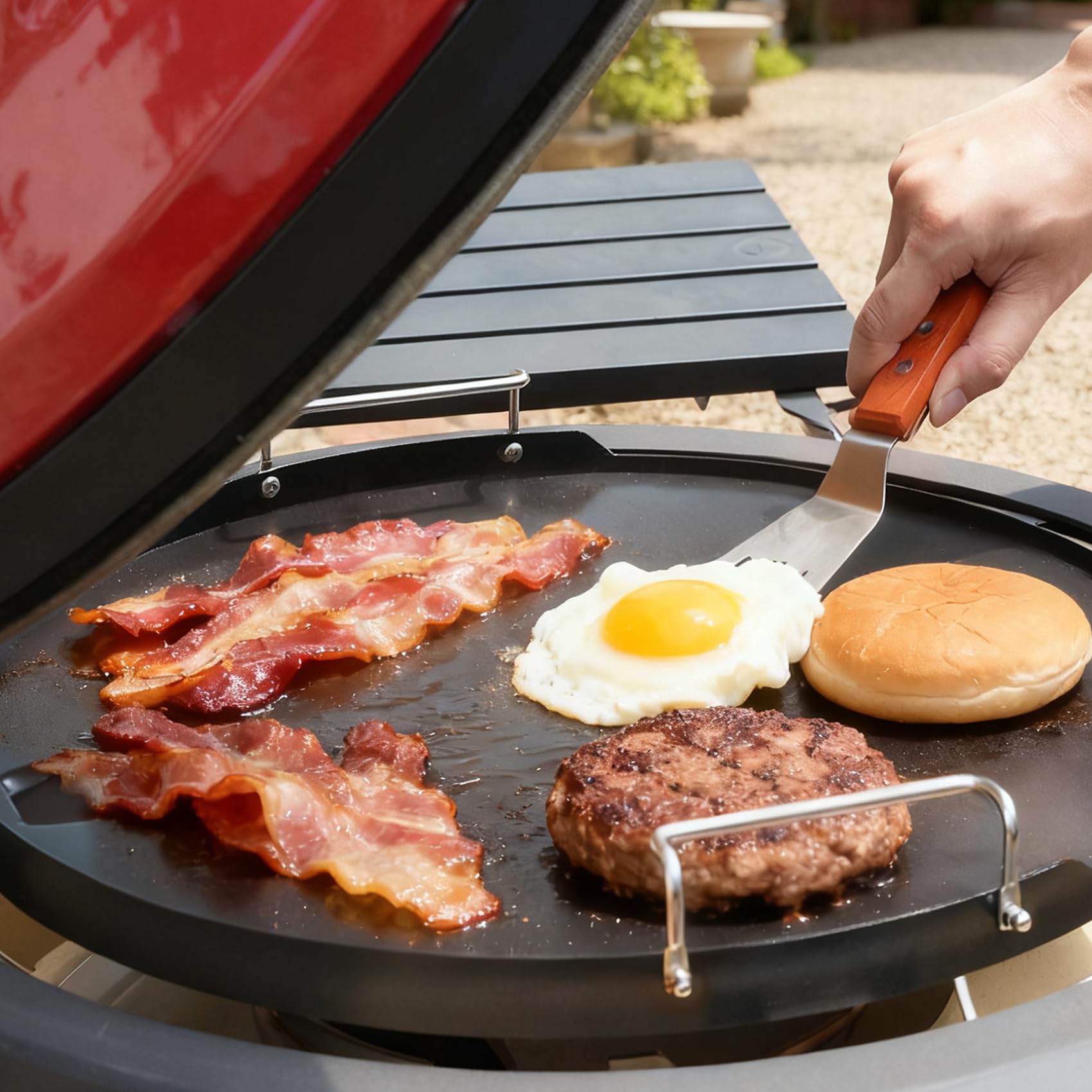 Onlyfire Plaque Plancha Ronde en Céramique Antiadhésive pour Big Green Egg et Kamado Joe de 46 cm, Accessoire pour Kamado 46 cm, Plaque de Cuisson avec Poignée Amovible et Evacuation des Graisses
