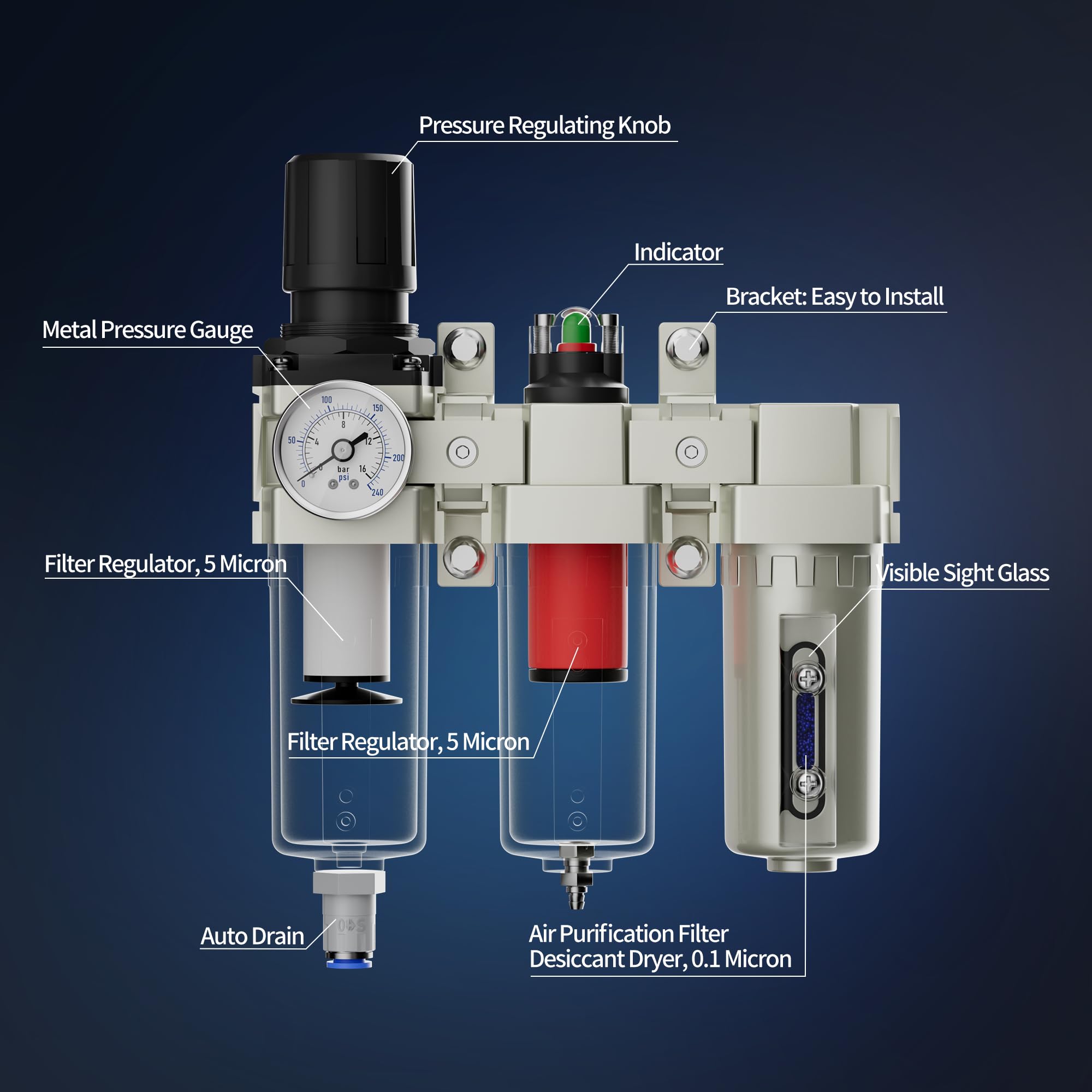 Sistema di filtro per compressore d'aria NPT da 1/2", separatore d'acqua industriale ad aria compressa a 3 fasi con drenaggio automatico, filtro coalescente, essiccatore d'aria e regolatore di