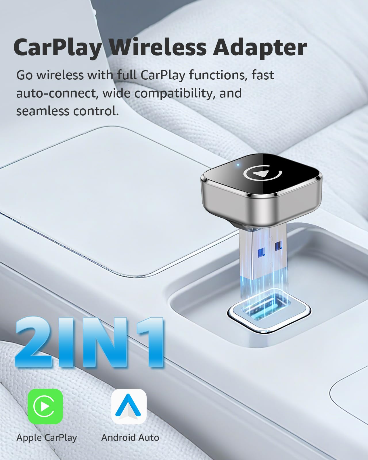 Wireless CarPlay Adapter, CarPlay Wireless Adapter Plug & Play USB/USB-C, 2-in-1 Converts Wired to Wireless CarPlay, Android Auto Wireless Adapter, Compatible with iPhone iOS 10+ & Android Auto — view 2
