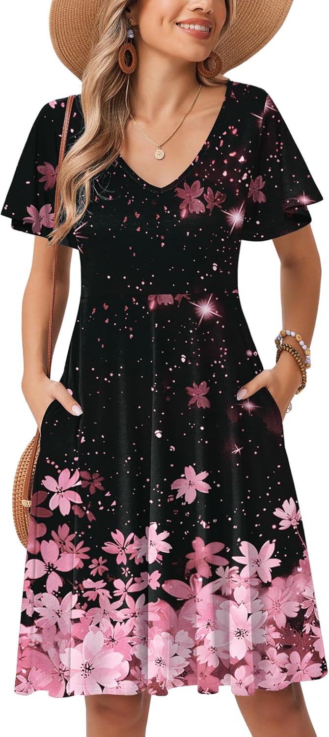 Zeagoo Womens Summer Dress Casual Swing Floral Ruffle Short Sleeve Sundresses Beach Mini A-line Shift Dress 2026 with Pockets