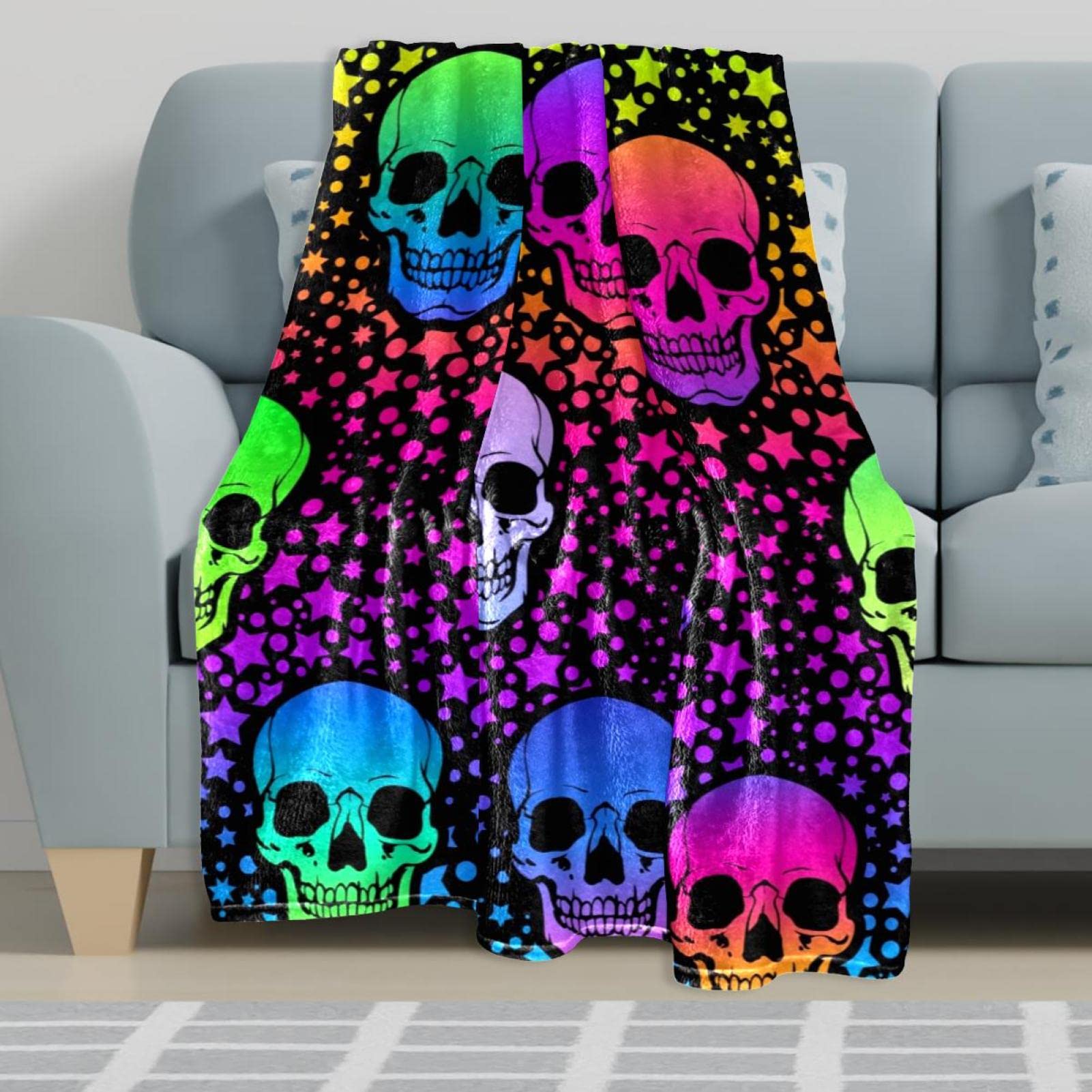 Coperta in pile con motivo a teschi al neon - morbida e leggera peluche accogliente - perfetta per letto, divano, viaggi, campeggio, 150 x 199 cm