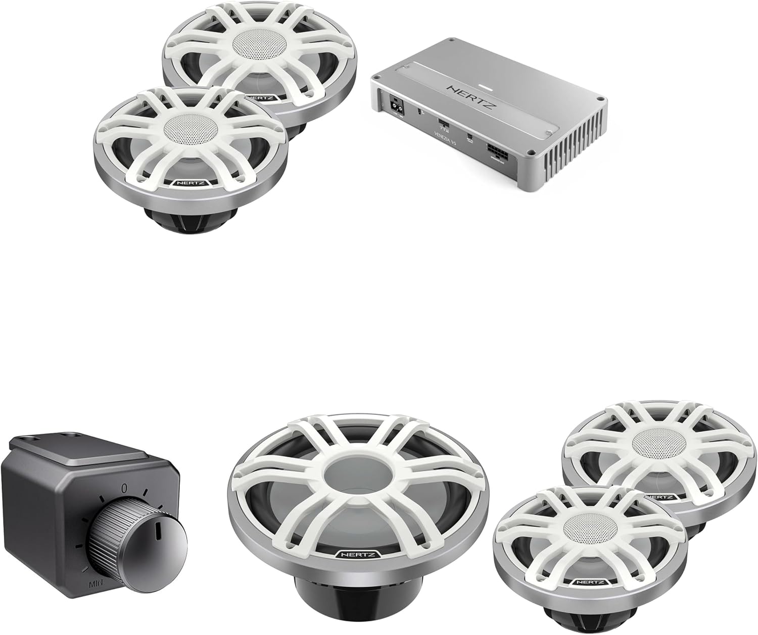 HERTZ 2 Pairs of HMX 6.5 S-LD-SW Marine Coax and 1 HMS 12 S2-LD-SW 12" Marine Subwoofer with Venezia V5 5-Channel Marine Amplifier Remote knob