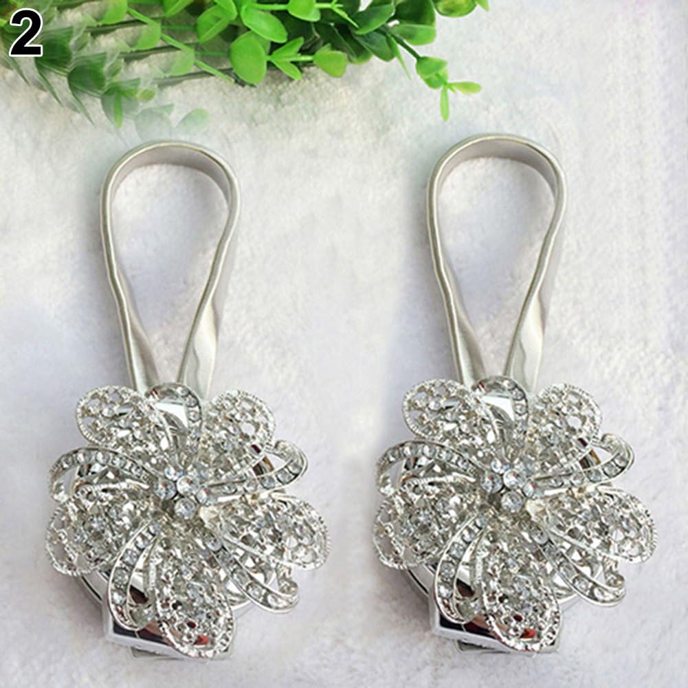 Dexinghaoye 1 Pc Rhinestone Flower Curtain Clip Buckle Magnetic Curtain Tie Back Holdback (Silver)