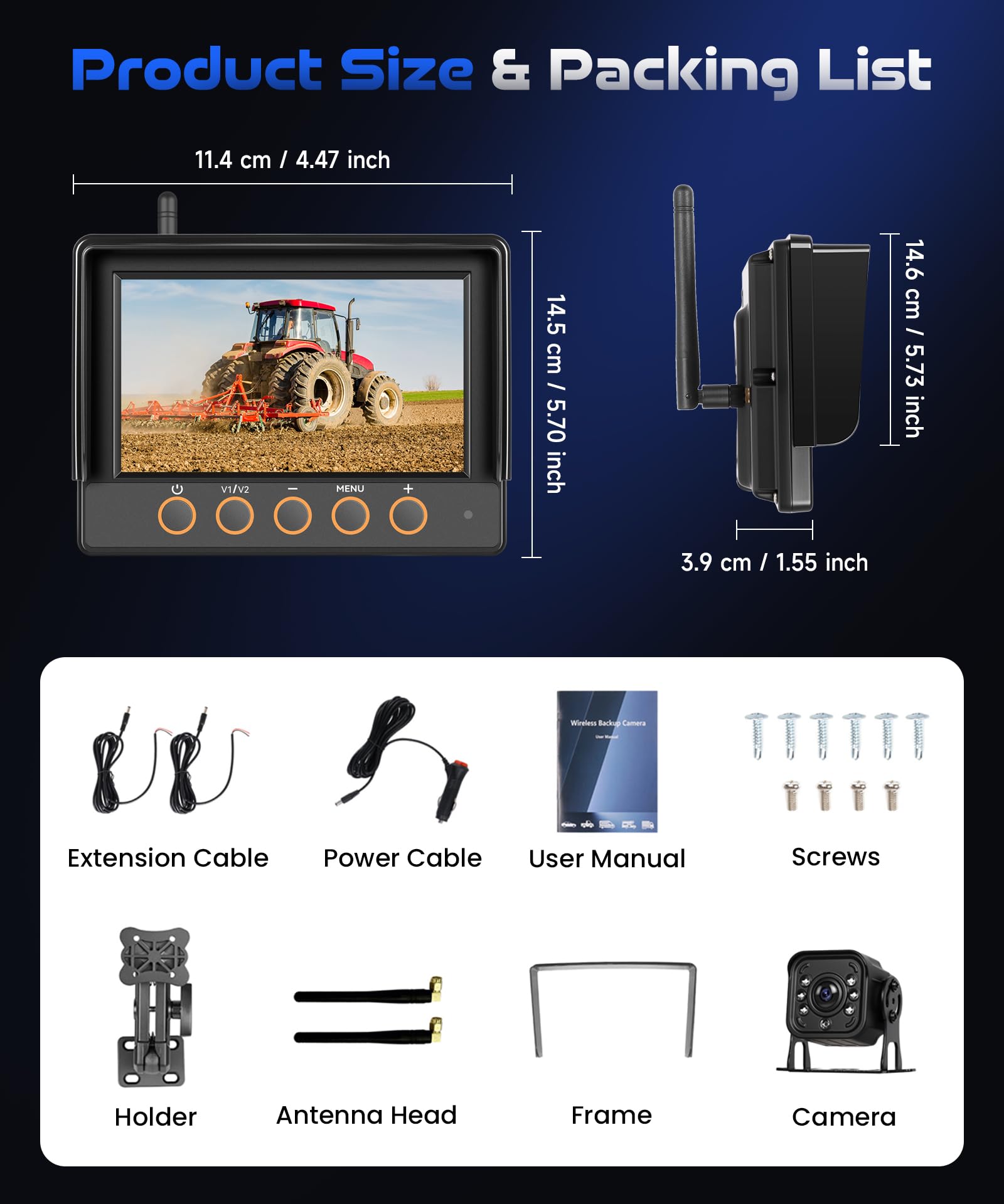 VECHTEL Kit Telecamera Posteriore IPS HD 7 Pollici senza Fili con 1 Telecamere, Telecamera Retromarcia Auto con BSD Impermeabile IP68 Visione Notturna Supergrandangolo per 12-36V Veicoli da Cantiere