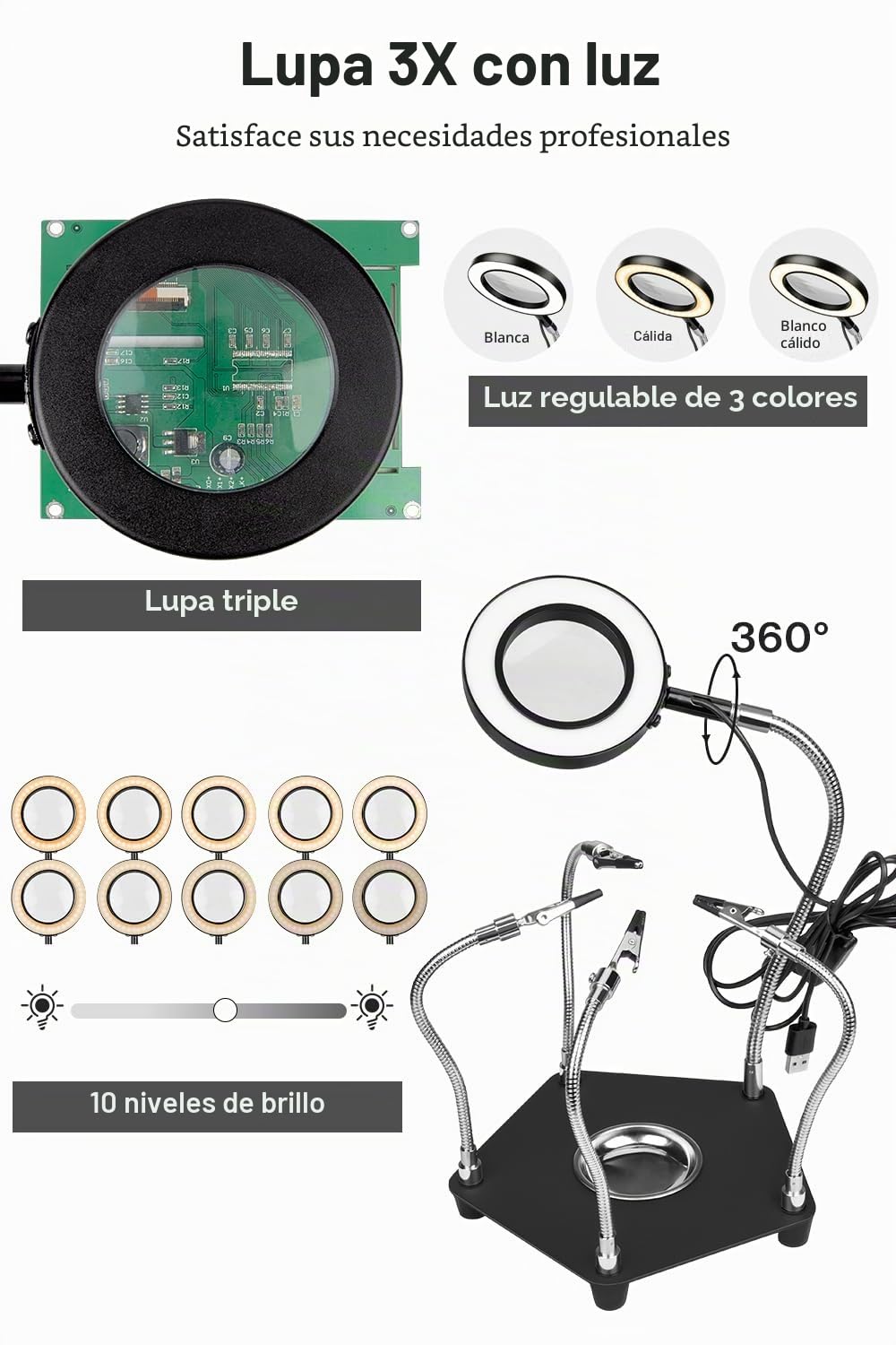 Lytool Soporte para Soldar con 3X Lupa, Tercera Mano Soldadura con Luz LED con 4 Piezas Pinzas de Cocodrilo Soldadura Herramienta para Soldar y Hacer Joyas