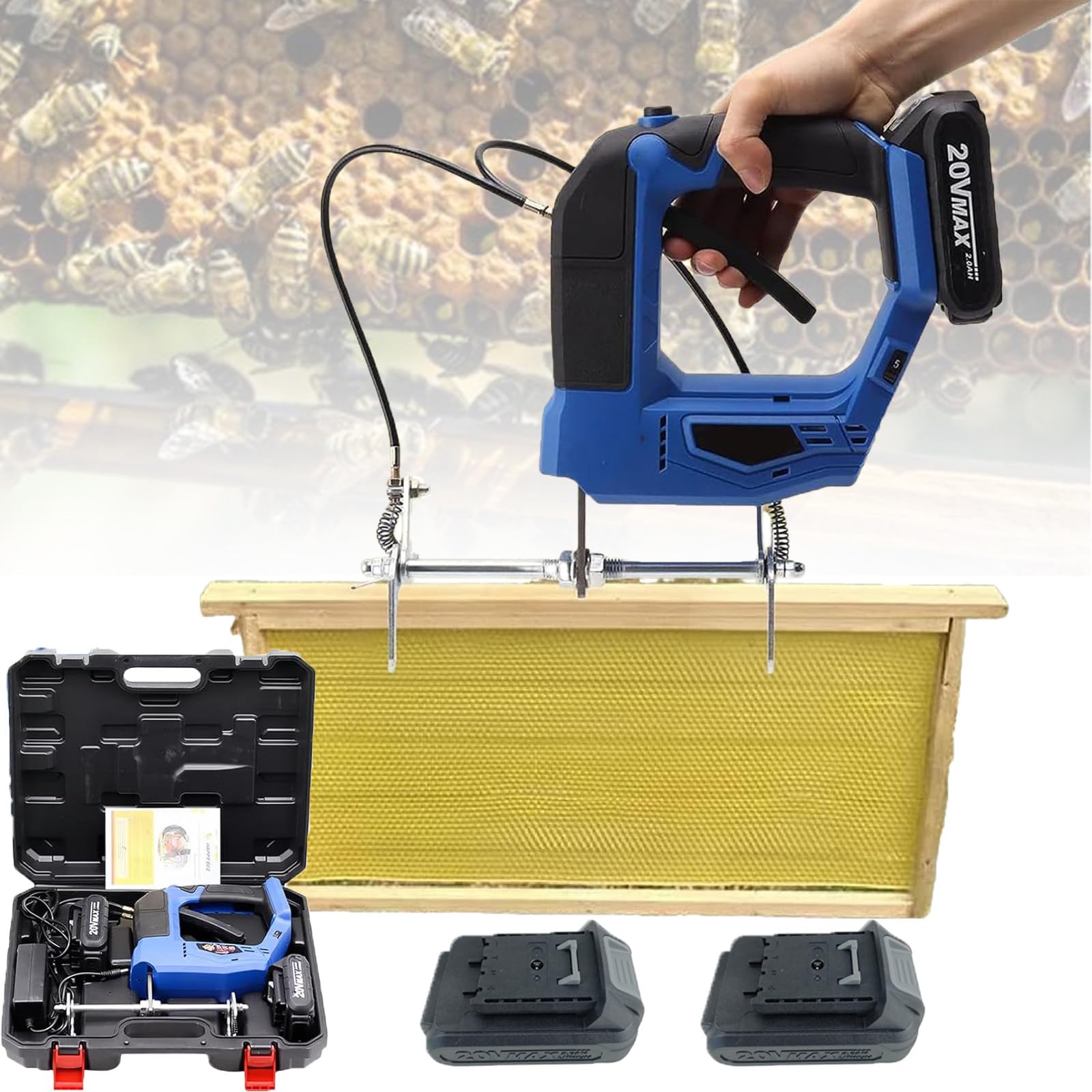 Atwynd Cordless Bee Frame Shaking Tool, Electric Beehive Frame Rechargeable Bee Remover with 2000mAh Lith Batteries for Beekeepers Farm, Beekeeping Wireless Bee Shaker Equipment Blue-2batteries