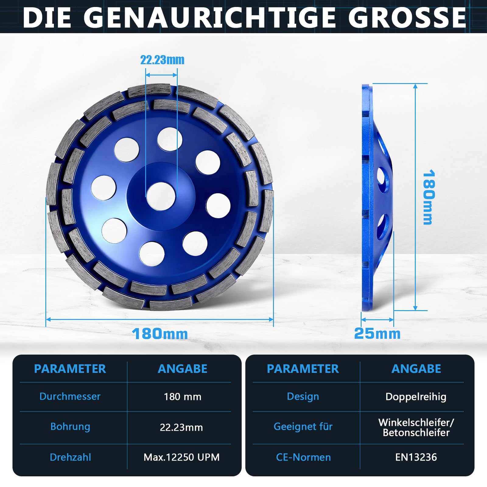 2tlg Diamant Schleiftopf 180mm, Diamant Schleifscheibe für Winkelschleifer & Betonschleifer, Doppelreihig Turbo Schleifteller Topfschleifer zum Beton Stein Naturstein Fliesenkleber Granit Mauerwerk