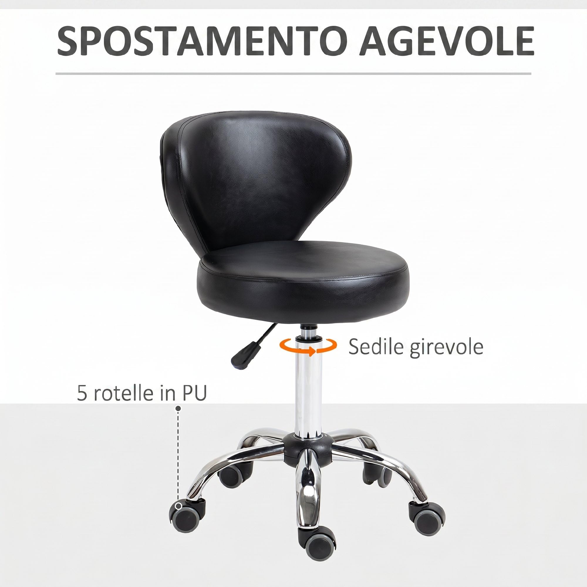HOMCOM Sgabello Regolabile Girevole a 360° 45x54x73-88 cm Nero | Sgabello da Estetista, Schienale, Ruote, Struttura in Acciaio, Finta Pelle