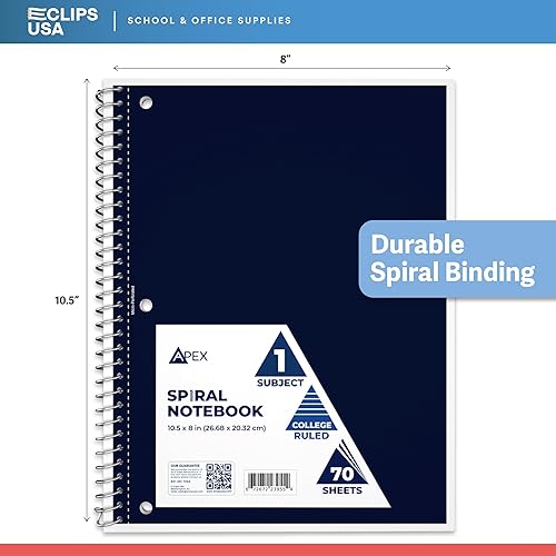 Miniatura 3 de E-CLIPS USA Cuaderno de espiral, cuadernos con rayas universitarias, 70 hojas, una sola materia, cuadernos a granel, surtido de 6 colores, hojas