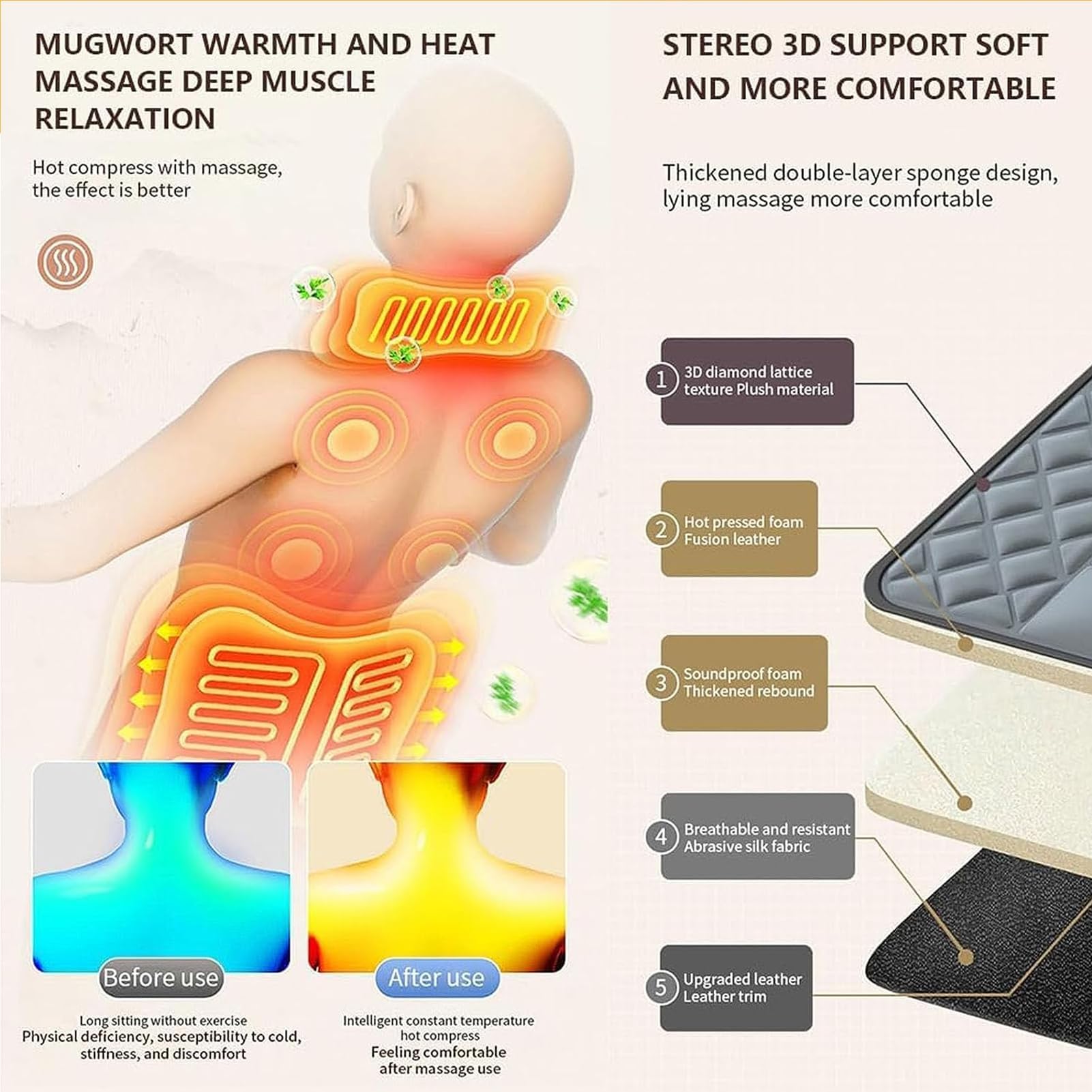 Alfombrilla de masaje de cuerpo completo con calor, almohadilla de masaje vibratorio de 20 cabezales para aliviar el dolor lumbar de las piernas, almohadilla de masaje eléctrica plegable