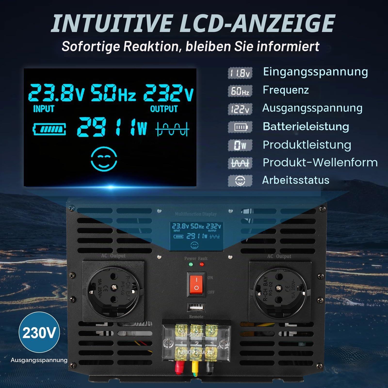 VEVOR Wechselrichter Reiner Sinuswelle 3 kW DC 24 V auf AC 230 V Spannungswandler mit USB-Anschluss LCD-Display Fernbedienung und EU-Steckdosen für Wohnmobil LKW Auto Solaranlage Reisen Camping