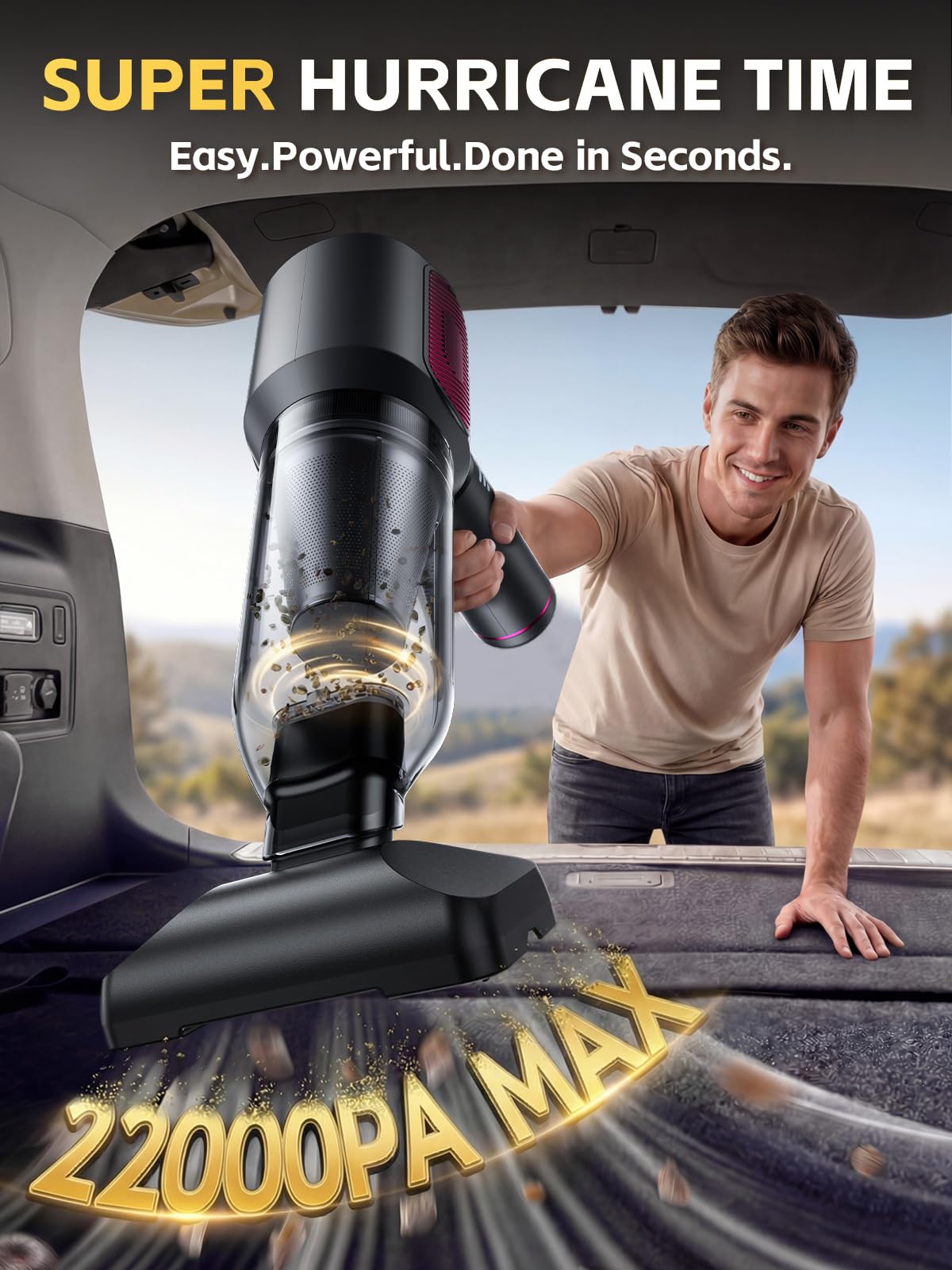 REWONDER Aspiradora portátil inalámbrica para coche, 22000 Pa, con motor sin escobillas, mini aspiradora de mano, batería de 3 x 2600 mAh, bolsa de almacenamiento recargable y múltiples boquillas para