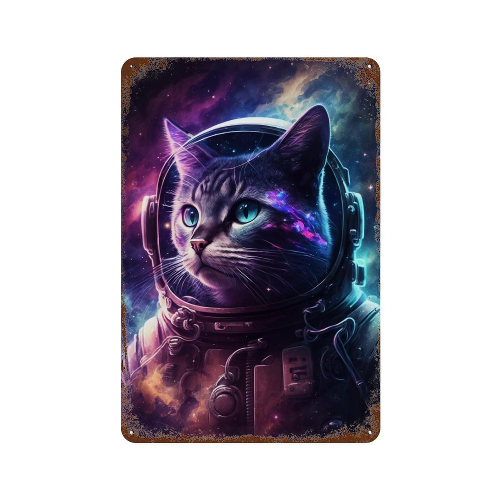 Aged Metal Wall Plaque with Cosmic Cat Astronaut Art Print-3 Design 11.8"x7.9", for Shed, Workshop And Garage Wall Decor, Decorative Metal Wall Art