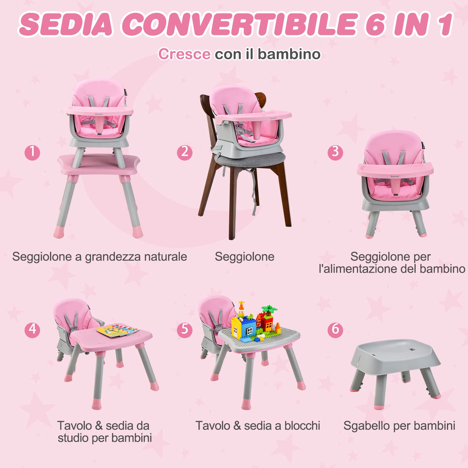 COSTWAY 6 in 1 Seggiolone Pappa per Bambini, Seggiolone per Neonati Convertibile, con Vassoio Rimovibile e Regolabile, Imbracatura a 5 Punti, Tavolo per Costruzioni, per Bambini 6+Mesi (Rosa)
