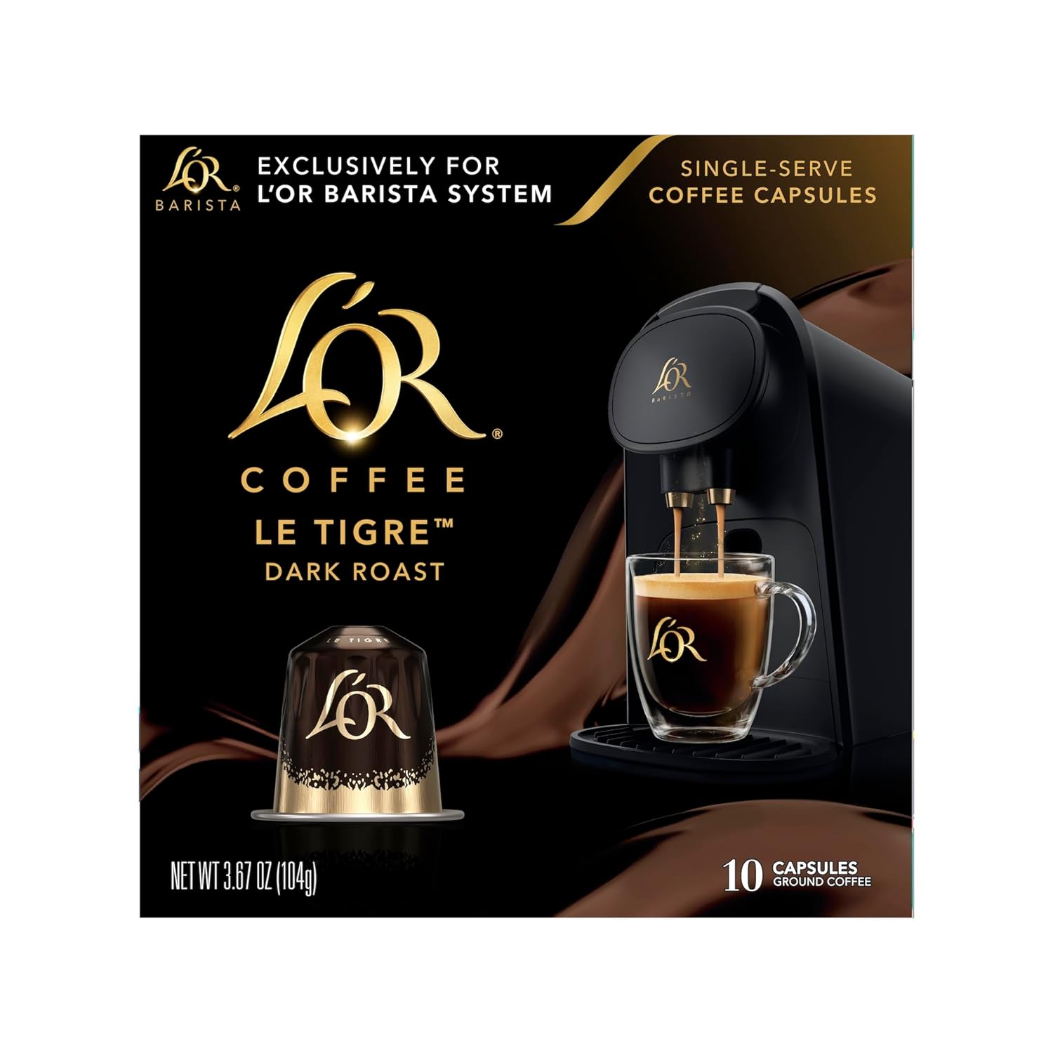 L’OR Coffee Pods, 10 Count Le Tigre Dark Roast Blend, Single-Serve Aluminum Coffee Capsules Compatible with the L’OR BARISTA System, 10 count (Pack of 1)