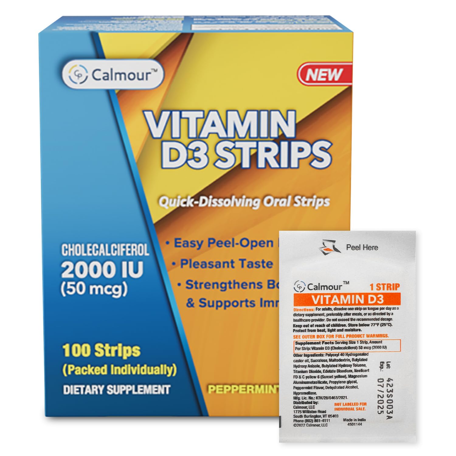 Vitamin D3 Strips 100 Pack| 2000 IU Oral Dissolvable D3 Vitamin Strips | Peppermint Flavor Melts on Your Tongue in 30 Seconds | Boost Immunity & Enhance Mental Focus with Vitamin D3 2000 100 Count (Pack of 1)