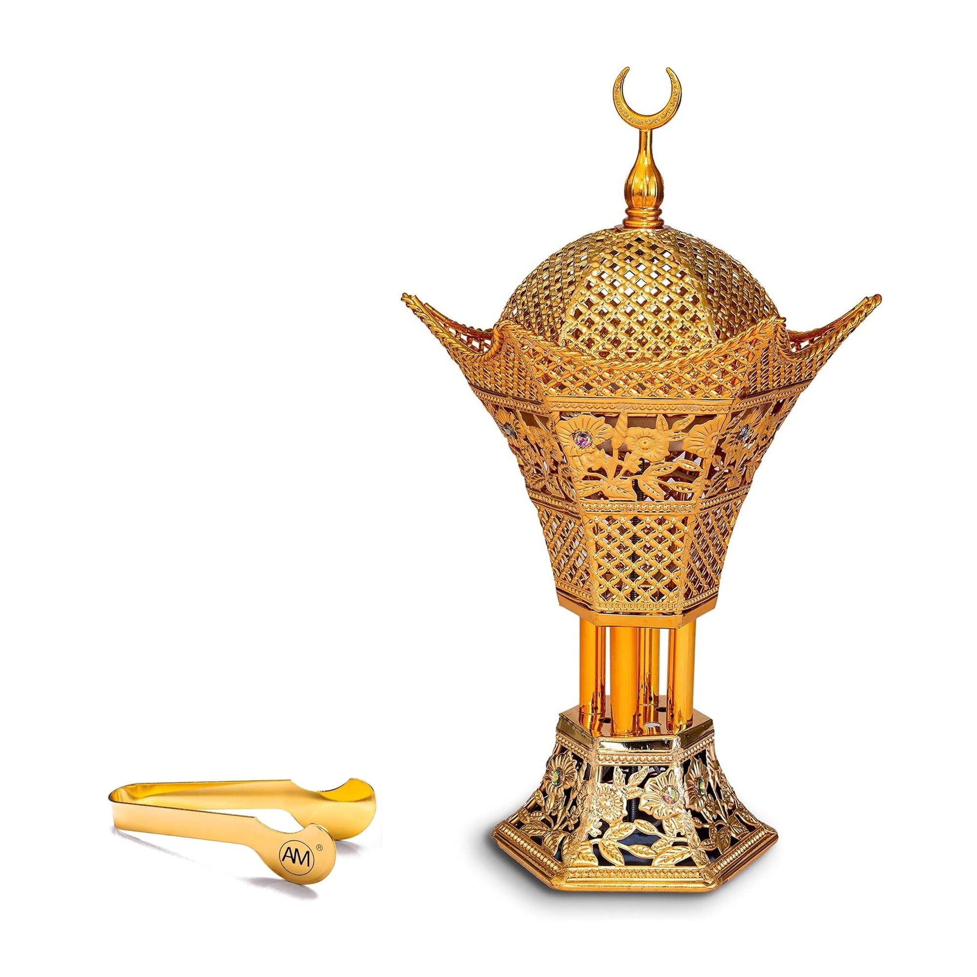 Am Gold Crescent Bakhoor Burner — Metal Charcoal Oud Burner With Tongs | Filigree Mabkhara For Bakhoor & Frankincense | Arabic Decor & Eid Gift