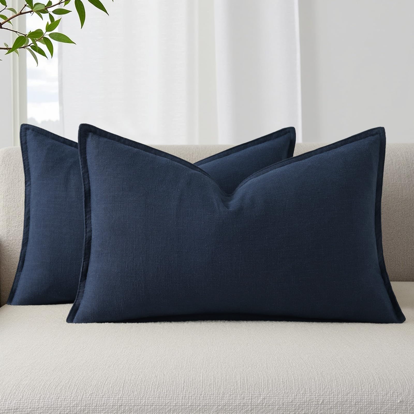 decorUhome Fall Navy Blue Linen Throw Pillow Covers 12x20 Set of 2