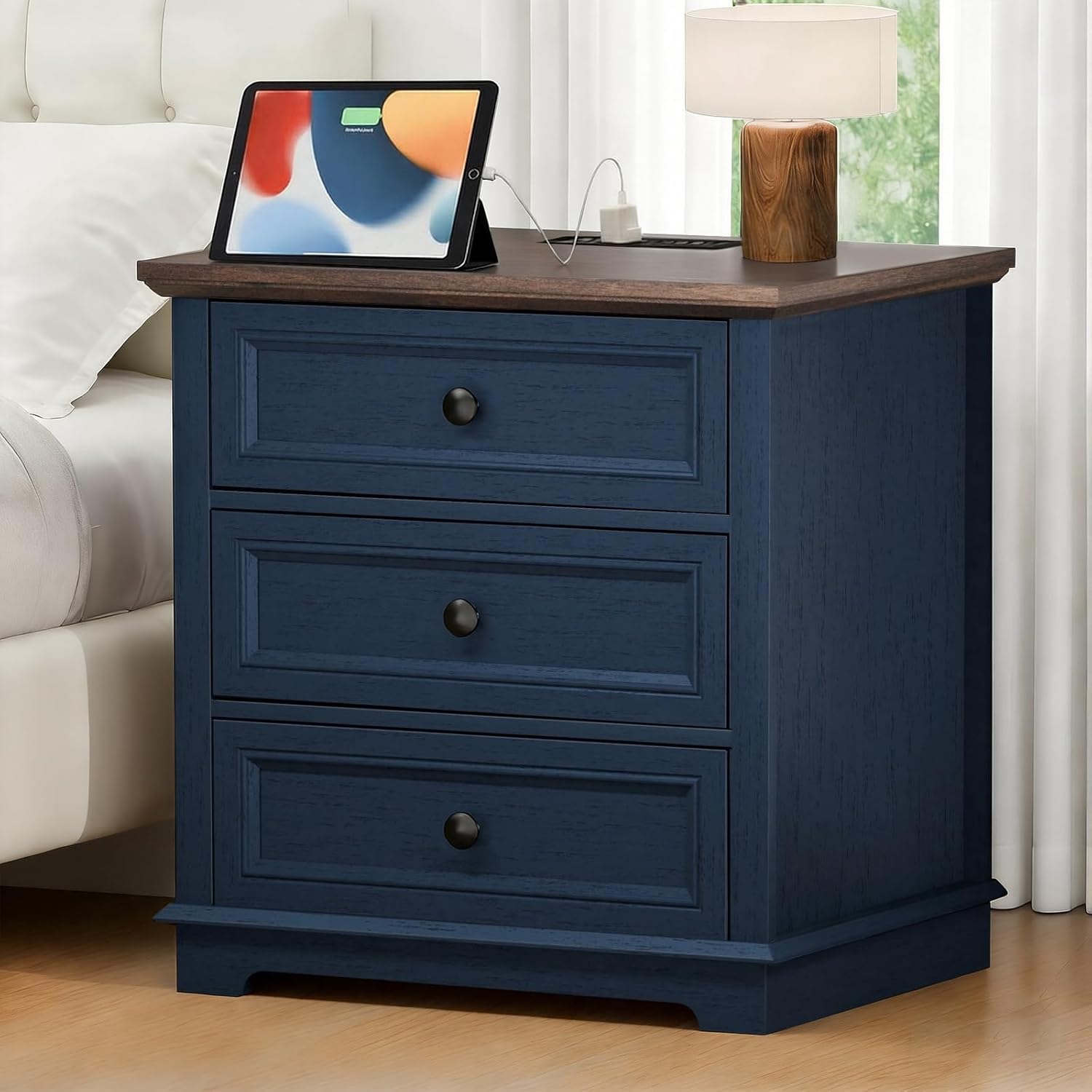 Nightstand with Charging Station, 24” Wide End Table with 3 Drawers, Modern Bedside Table with Storage, Wood Small Dresser for Bedroom Room (Blue)