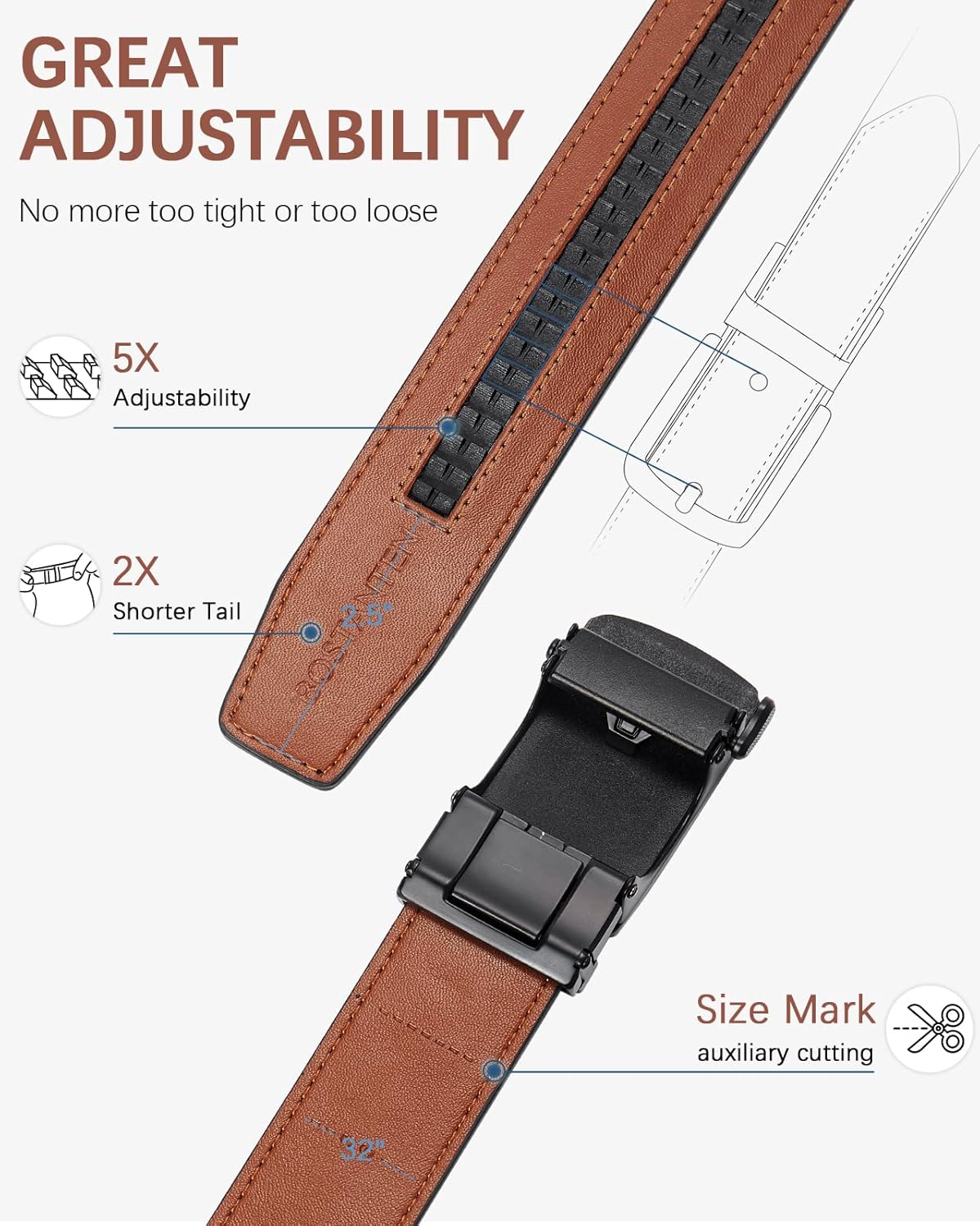 BOSTANTEN Mens Belt Leather Ratchet Belt For Men Dress and Casual with Adjustable Buckle, Trim to Fit - Image 4