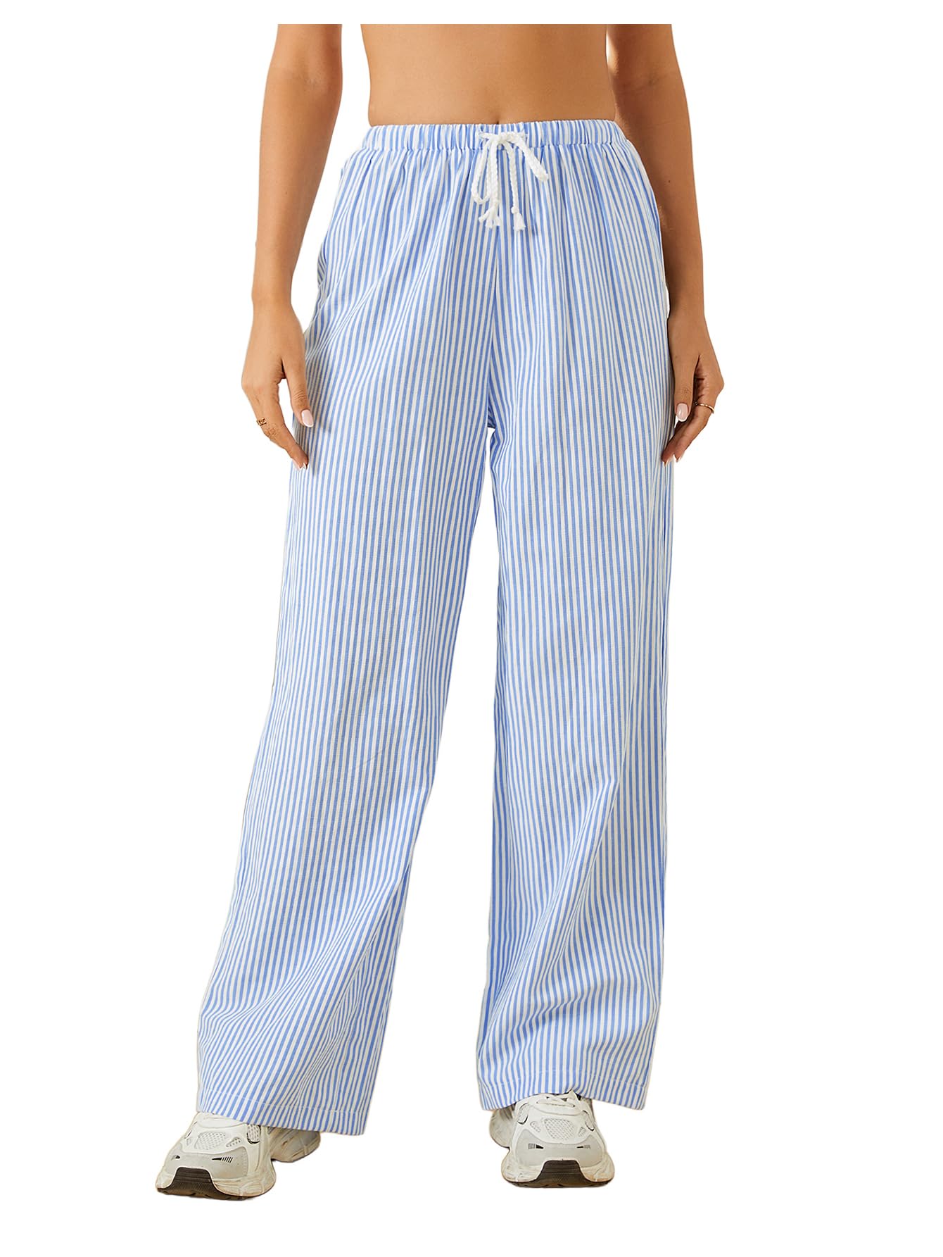 Womens Striped Print Straight Wide Leg Linen Pants Drawstring Waist Slant Pockets Pants Casual Long Pants