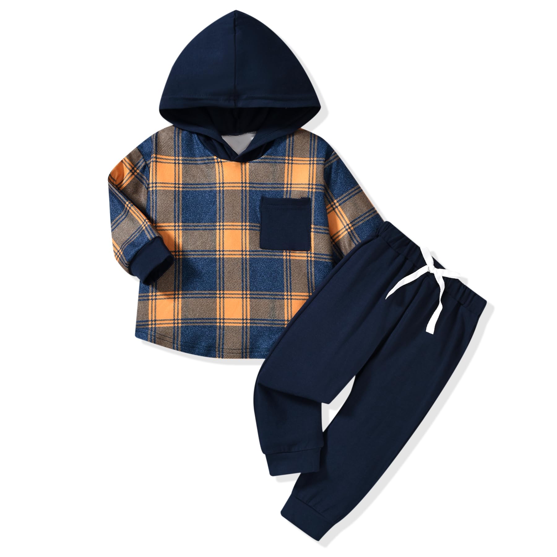 HINTINA Toddler Little Boy Plaid Sweatsuit Outfits Long Sleeve Hooded Sweatshirt Hoodie Fall Winter Clothes Clothing Set