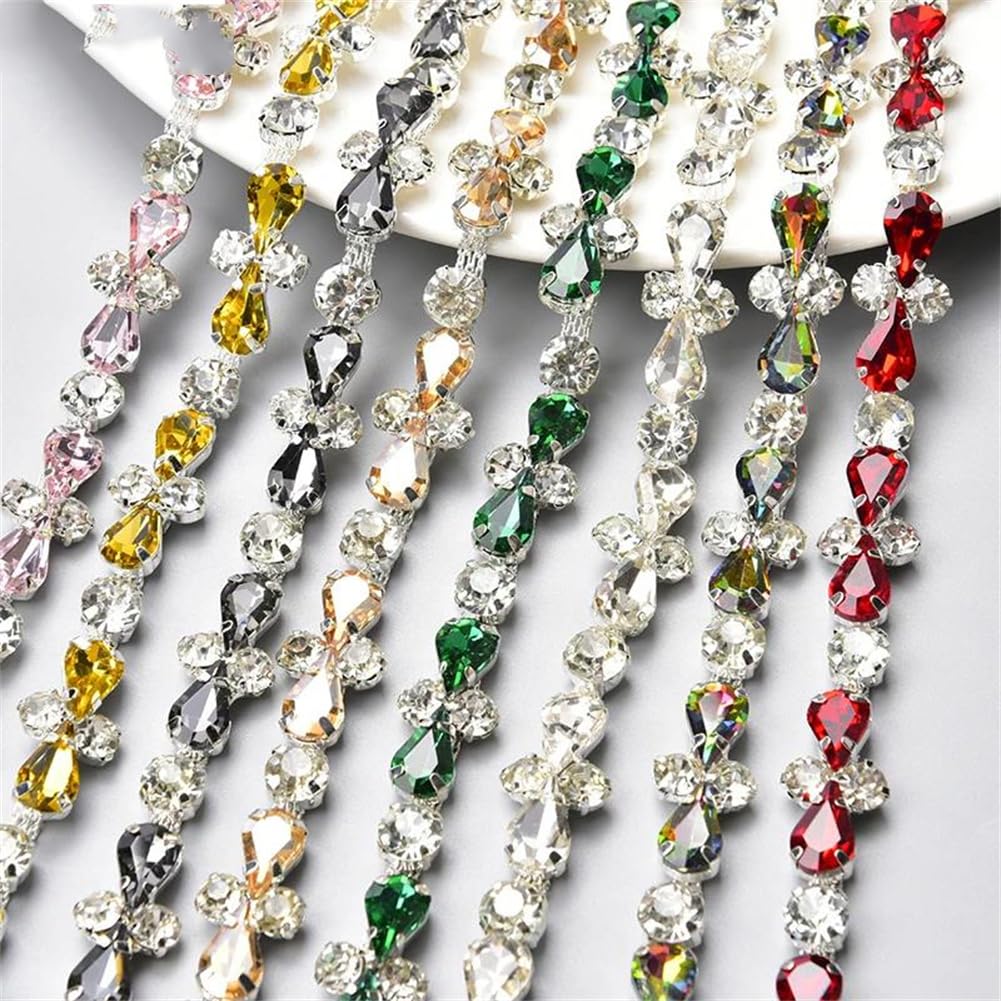 Frędzle z kryształkami, Naszywana frędzlowa lamówka ze szkła Rhinestone o średnicy 10 mm, z płaskim tyłem, wielokolorowa, 1 jard(Red)