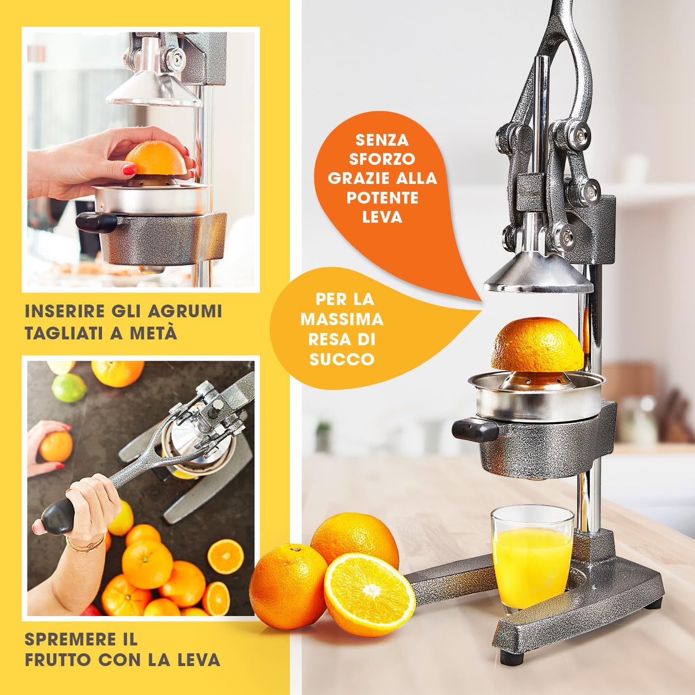 Lumaland Spremiagrumi in Acciaio Inox, di Alta qualità, Molto Silenzioso, Utilizzabile manualmente, Elegante spremiagrumi, esente da Manutenzione e Potente per Molto più succhi di Frutta, Basta