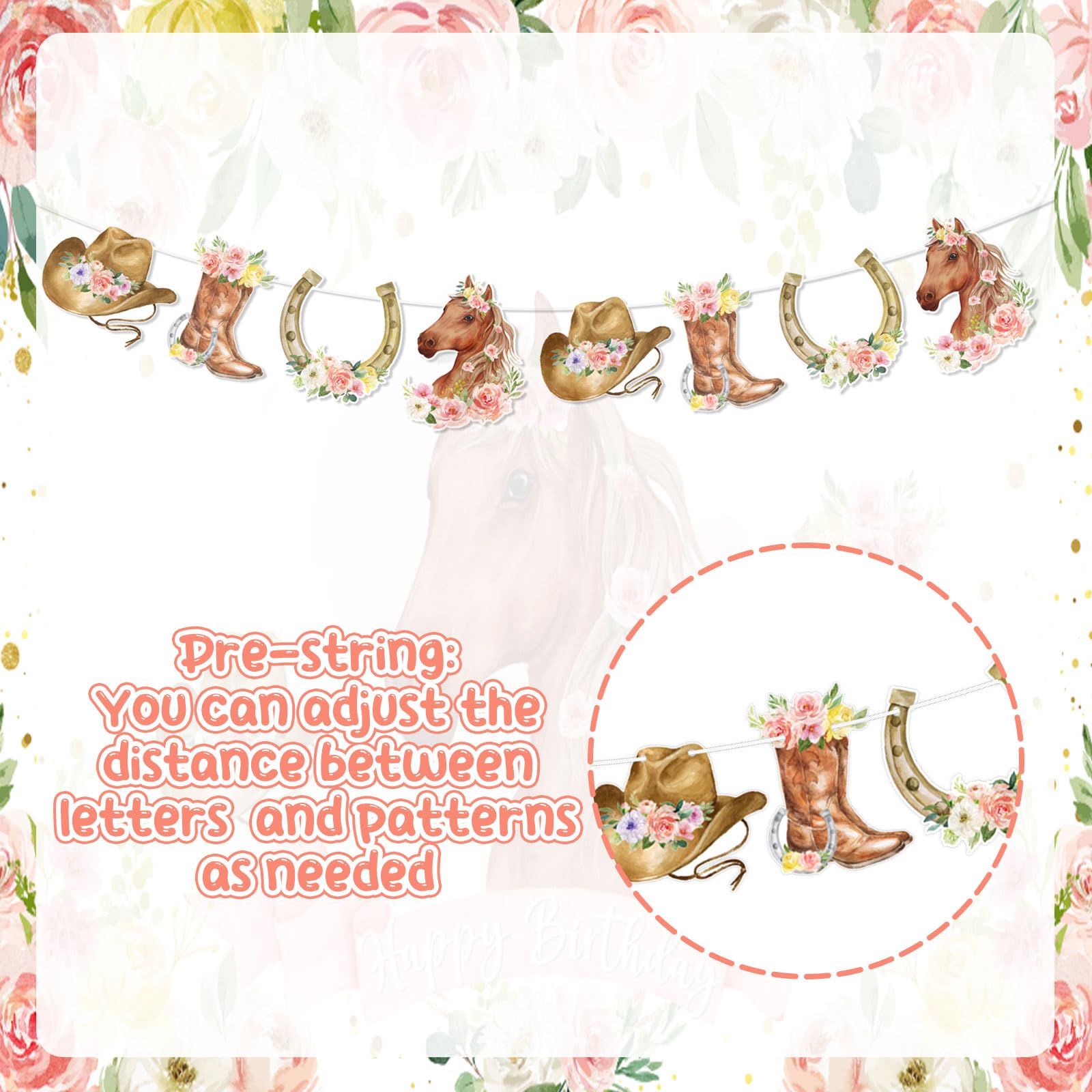 Boho Horse Happy Birthday Banner - Pink Western Cowgirl Party Decor For Girls - View #2
