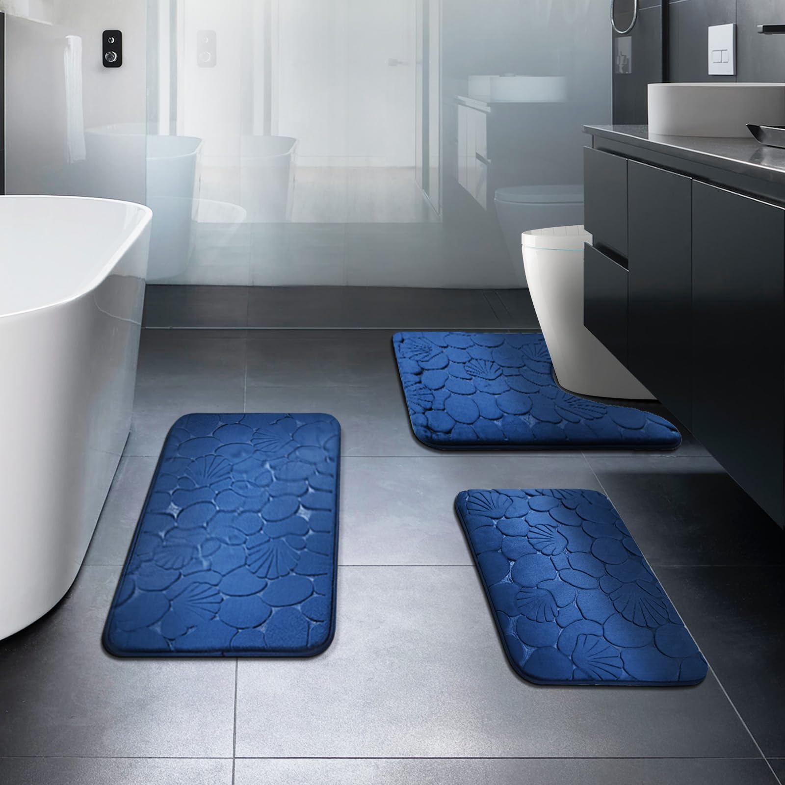 Navy Blue Memory Foam Bathroom Rugs Sets 3 Piece with Rubber Backed Non Slip Washable Bath Mat Set Include Toilet Rugs U Shaped and 2 Bathroom Floor Mat