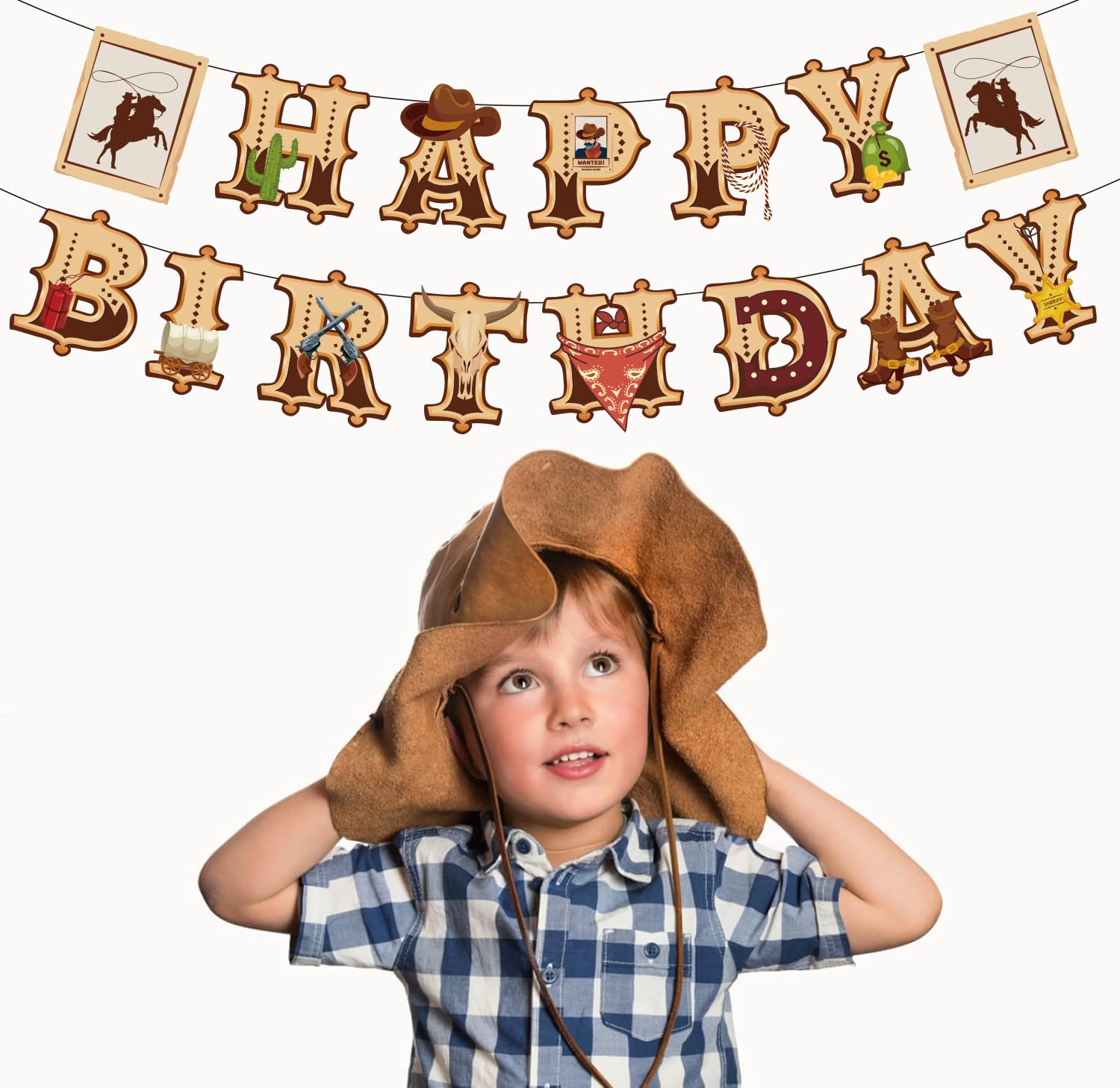 Decoraciones de fiesta de vaquero para niños, pancarta de feliz cumpleaños de vaquero occidental, pancarta de cumpleaños de botas para primera fiesta de vaquero, suministros de decoración de