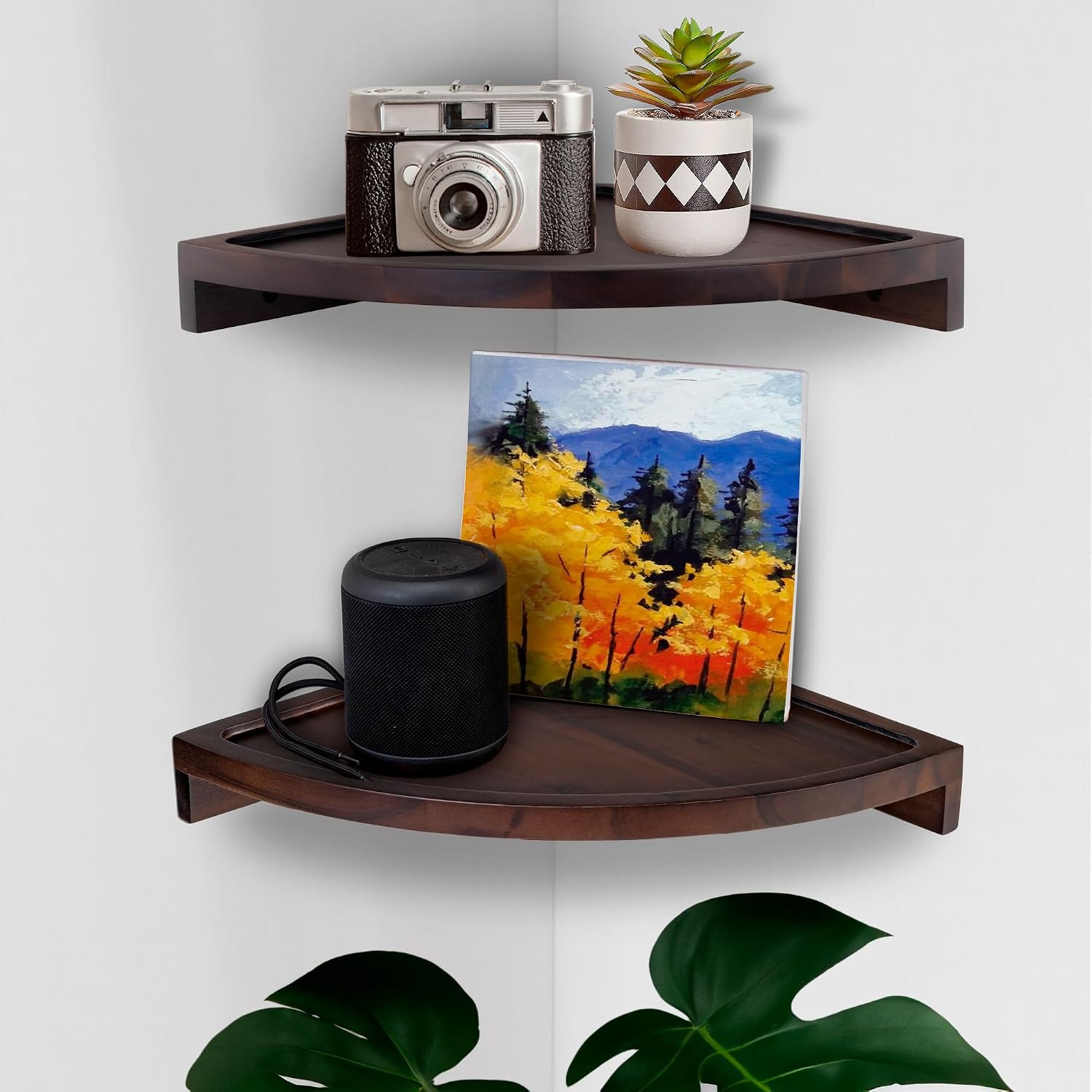Demigo Round Floating Corner Shelves, Dark Brown Wall Shelf, Set of 2