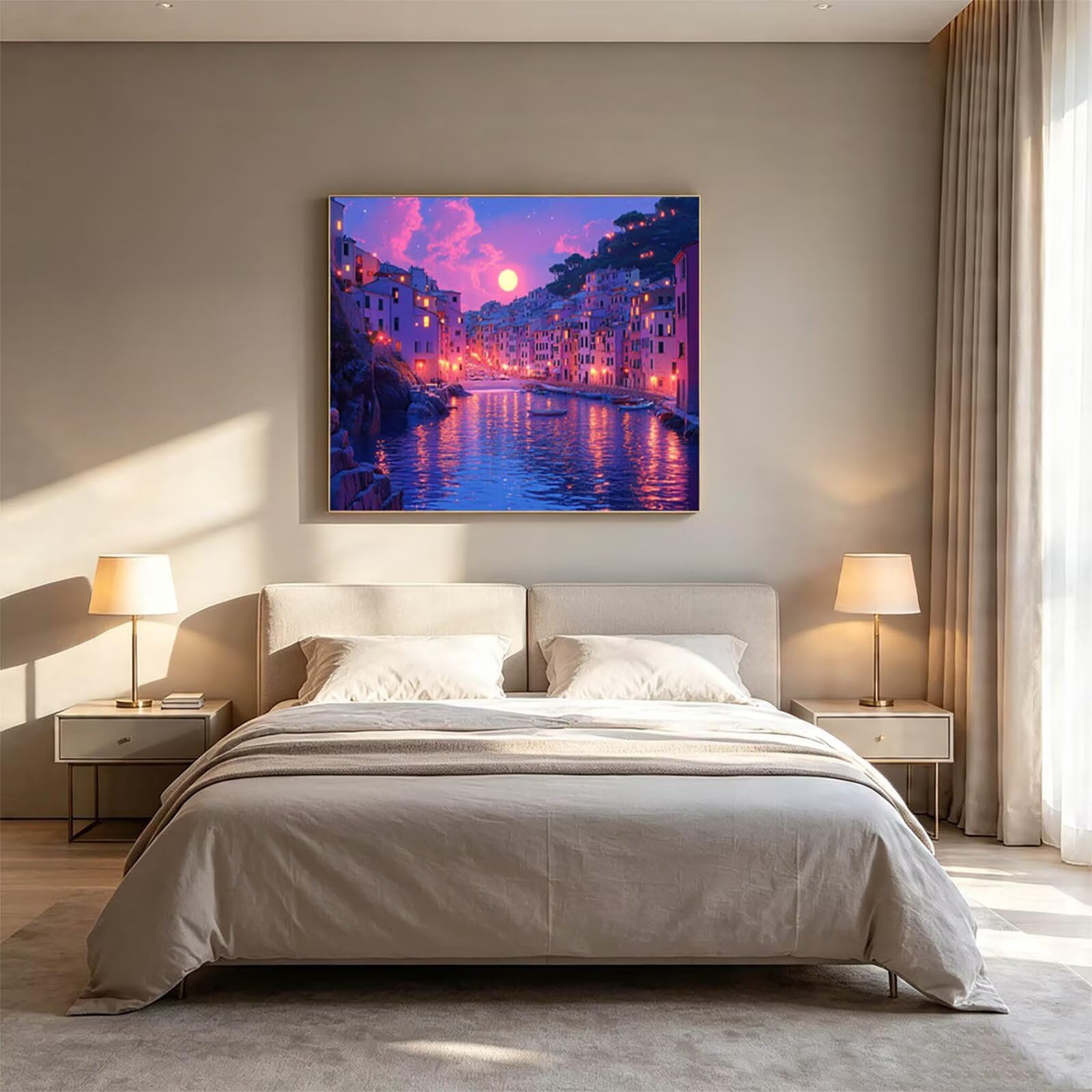 Dipingere con i Numeri Adulti Piccola Città Tele 70x95cm ZSHS-2274 | Kit Pittura Hobby Creativi Adulti con Colori Acrilici Pennello Paittura Tela Vista Notturna per Quadri Moderni Soggiorno