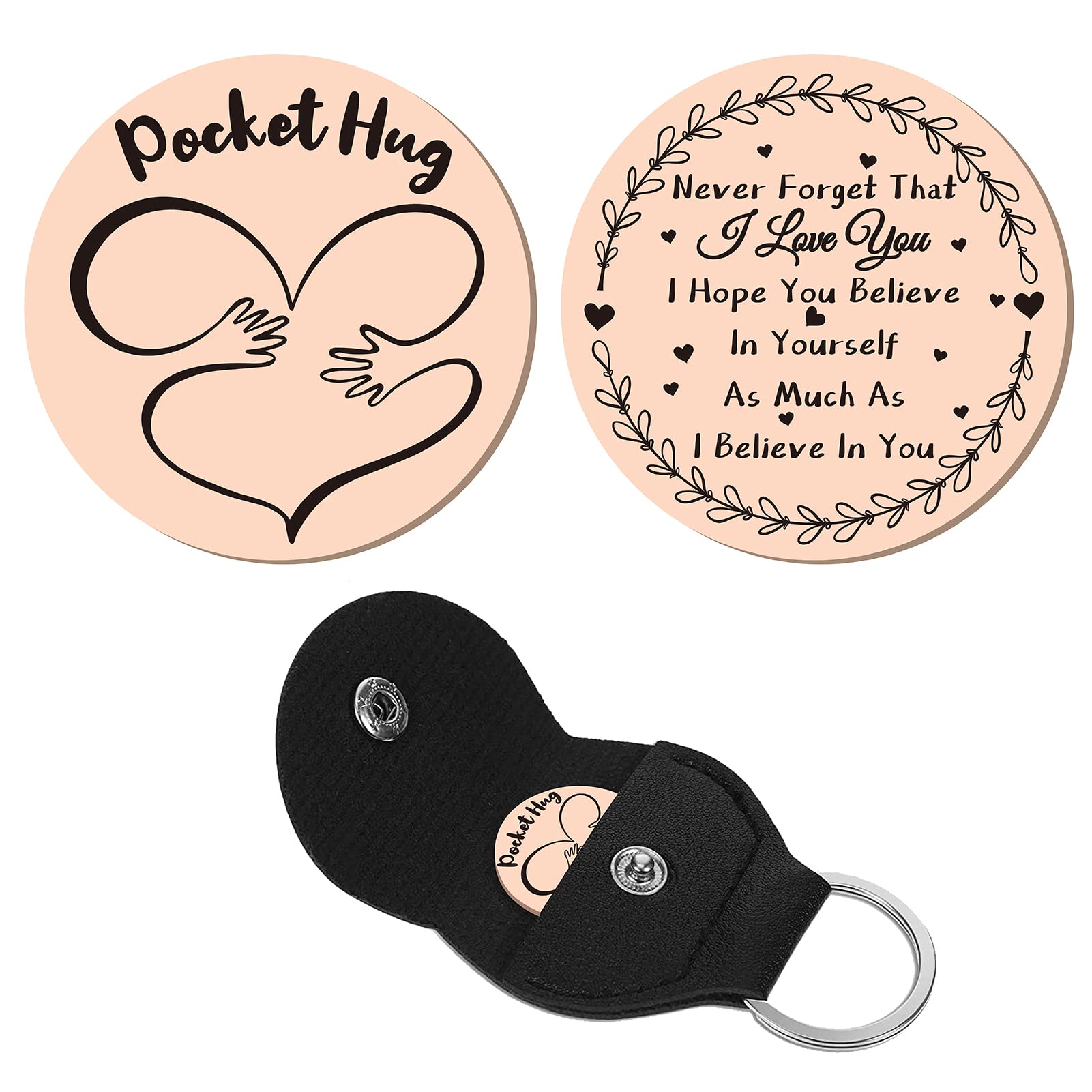 CREATCABIN Pocket Hug Token Long Distance Relationship Keepsake Stainless Steel Double Sided Inspirational Gift with PU Leather Keychain for Friends Daughter 1.2Inch-Never Forget That I Love You(Pink)