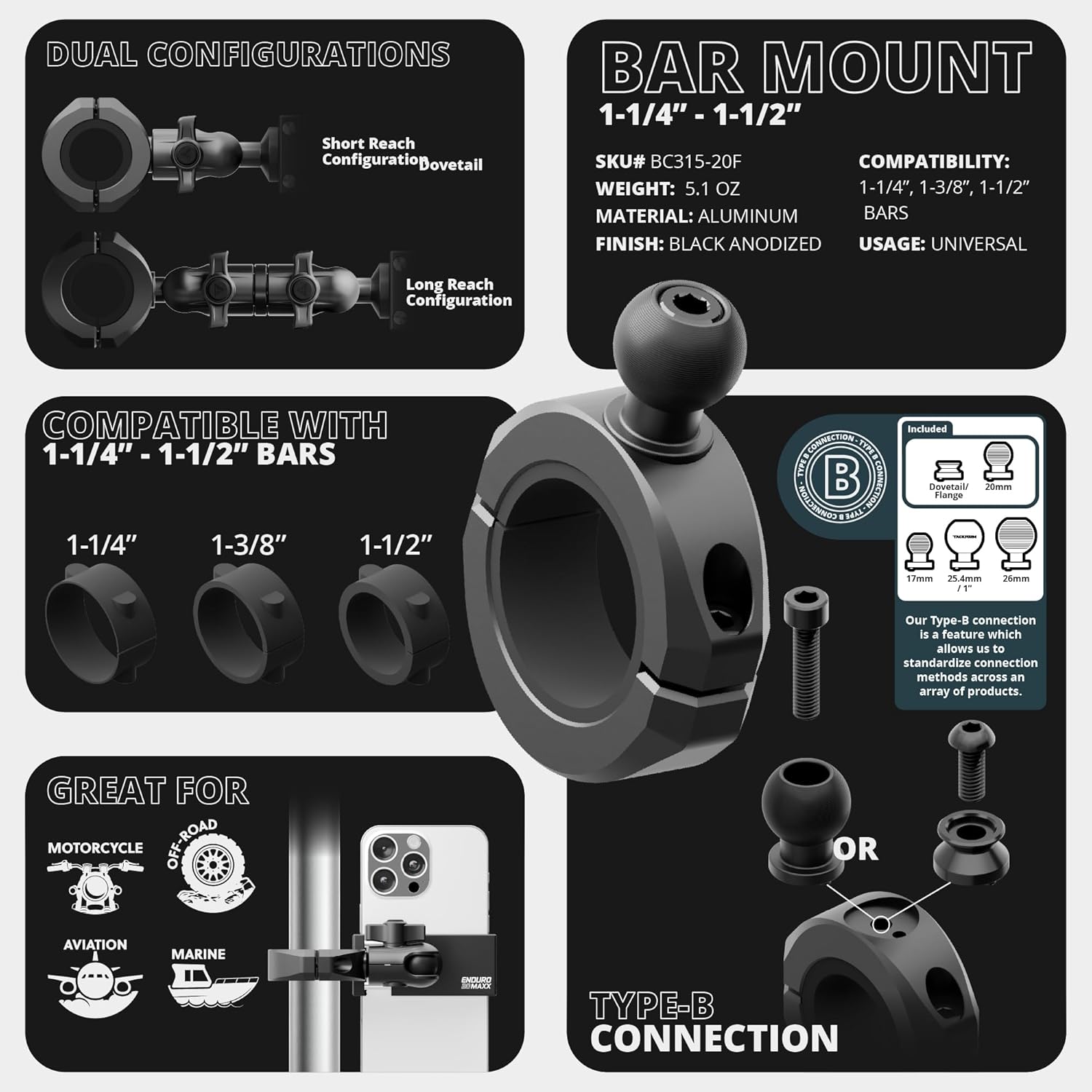 Tackform Black BC3 Universal Clamp Fits 1-1/4" to 1-1/2" Bars | Bushings Included | Billet Aluminum | 20mm Ball | Designed For Motorcycles, Roll Cages, Harness Bars, More