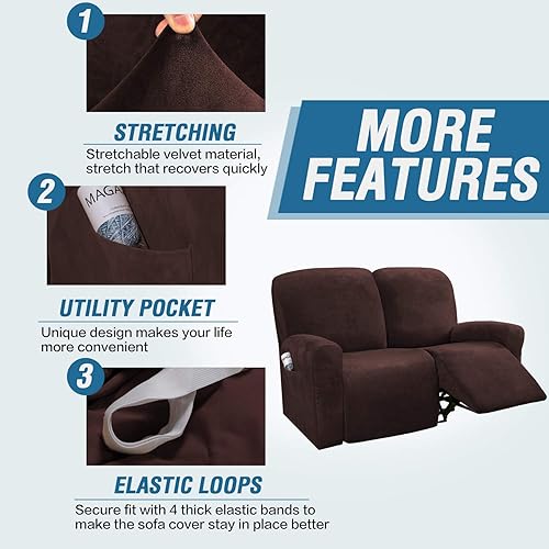 Miniatura 4 de H.VERSAILTEX Fundas elásticas de terciopelo para sillón reclinable, 6 piezas, fundas para loveseat reclinable de 2 cojines, fundas para sofá