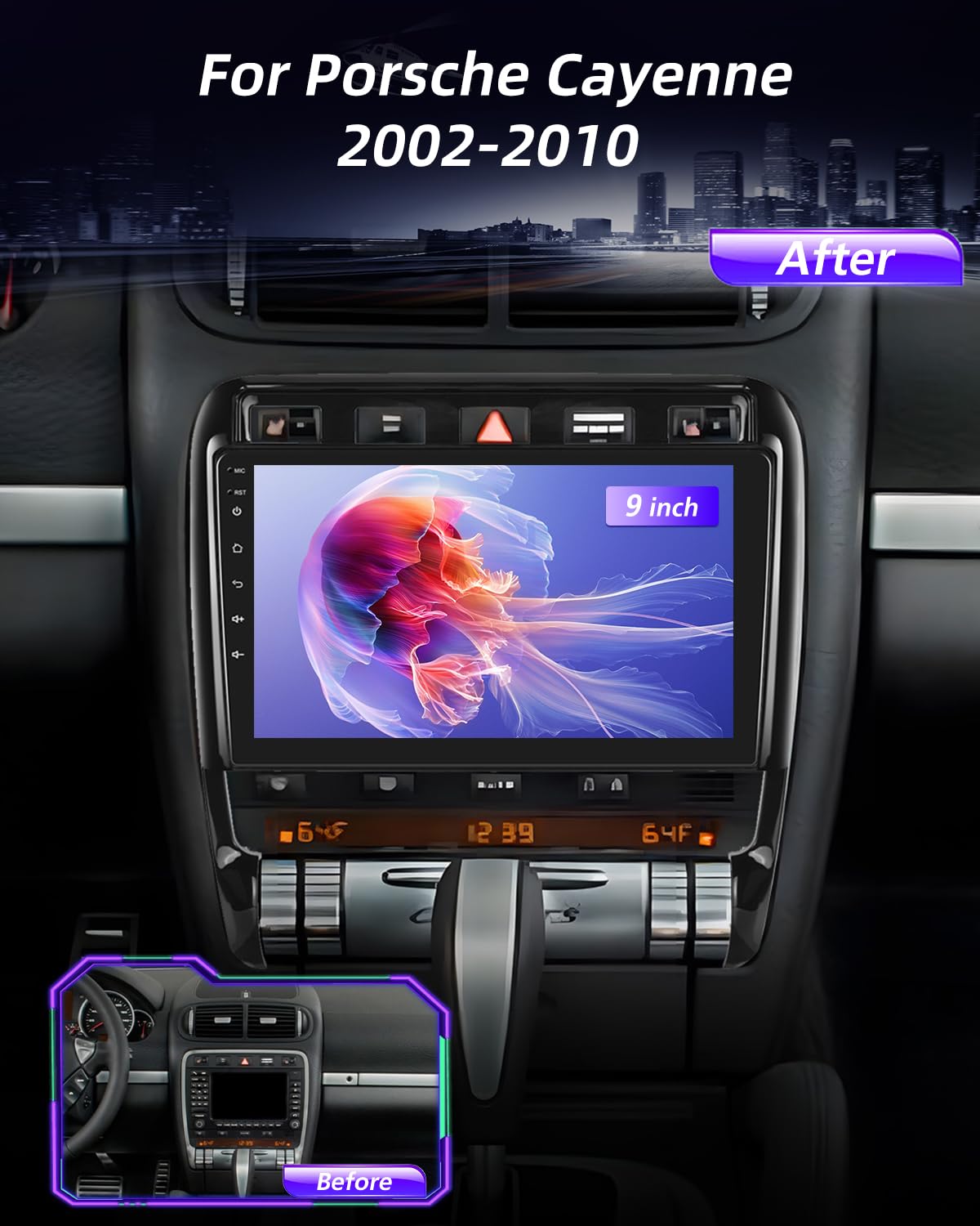 NHOPEEW Qualcomm 8 Core 4+64G Autoradio per Porsche Cayenne 2002-2010 - 9 pollici Radio Supporto Carplay&Android Auto 5GHz Wifi&GPS DSP 3D Auto Mondel Display Ventola di raffreddamento