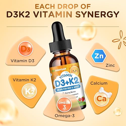 Miniatura 3 de Gotas de vitamina D3 K2 para niños, suplemento líquido de vitamina D3 con calcio, Omega 3, zinc para absorción de calcio, huesos saludables,