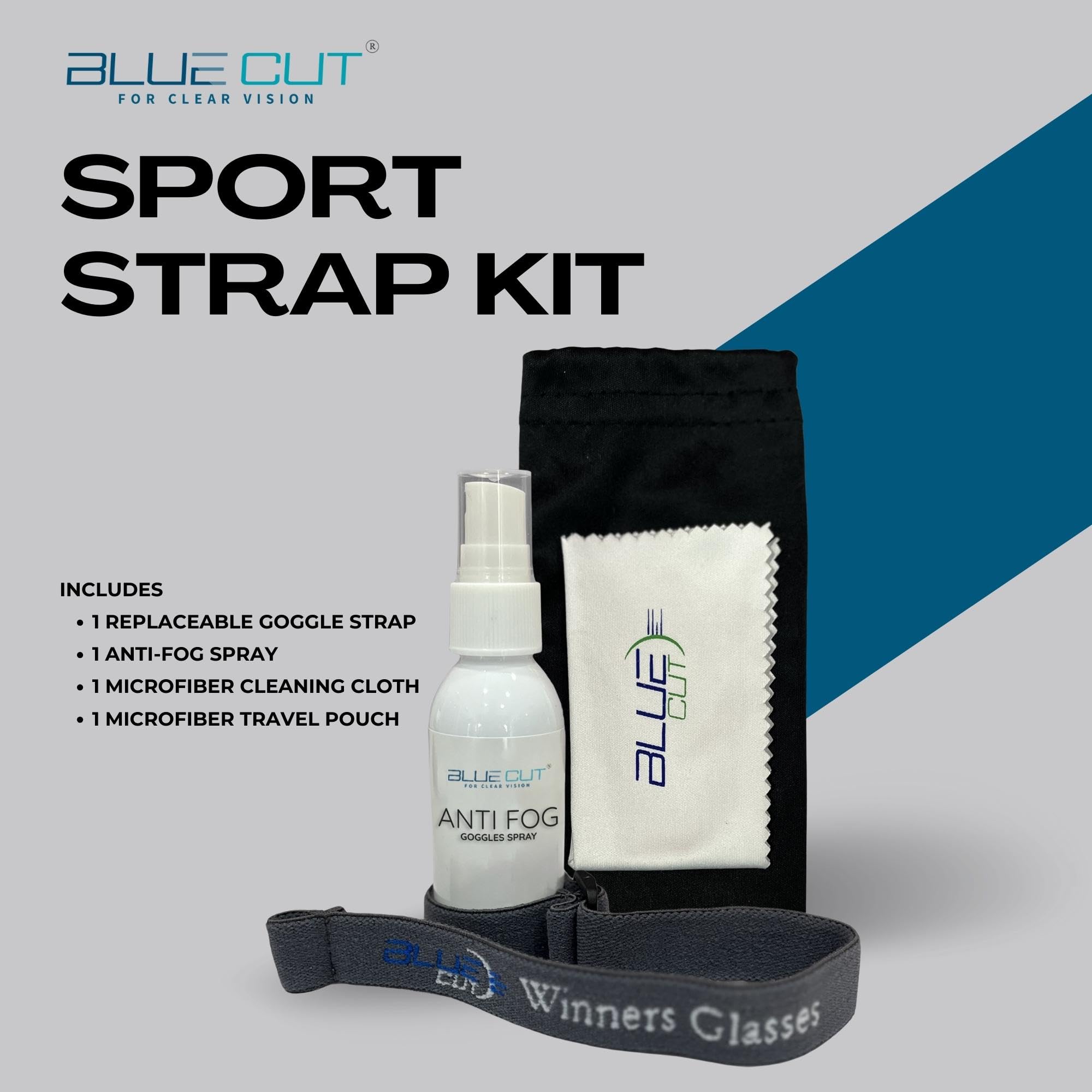 BLUE CUT Replacement Goggle Strap Anti-Fog Spray Microfiber Clean Cloth Pouch Kit