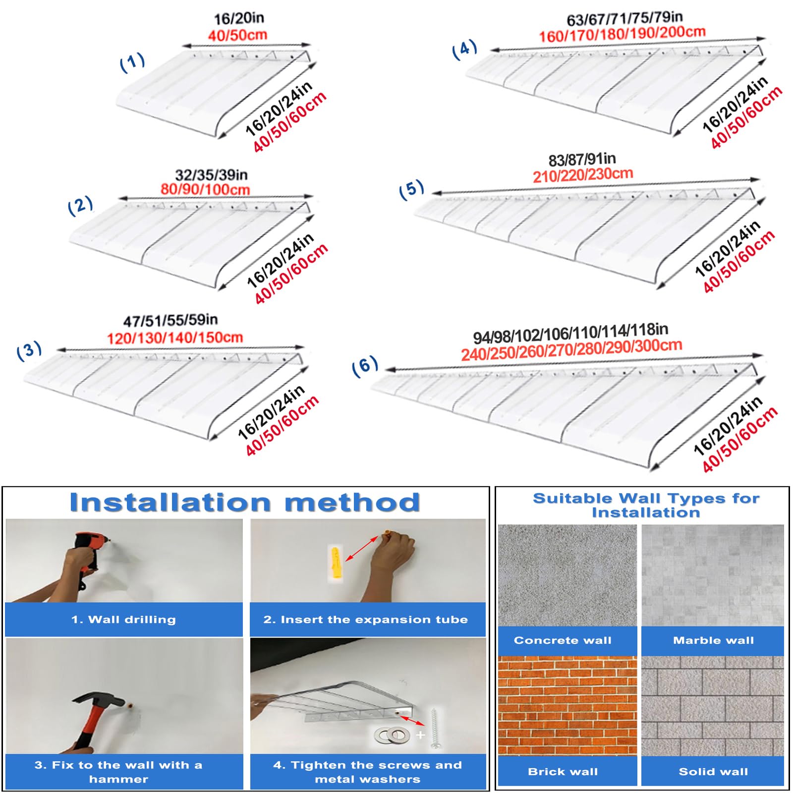 Resistente tenda da esterno 50 x 140 cm in policarbonato trasparente, protezione solare e pioggia, copertura per ingresso con hardware per case e aziende